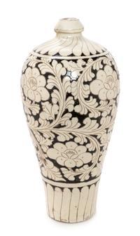 A Chinese Cizhou Style Sgraffitao Peony Porcelain Vase, Meiping Height 14 1/2 inches. — 20TH CENTURY