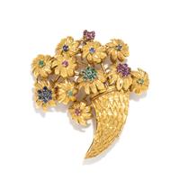YELLOW GOLD AND MULTIGEM CORNUCOPIA BROOCH