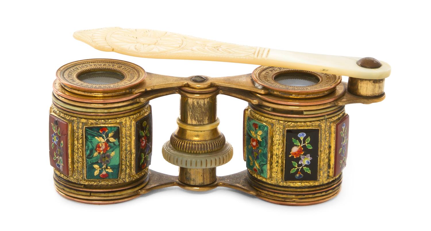 A Pair of French Enameled Opera Glasses, Width 3 7/8 inches.