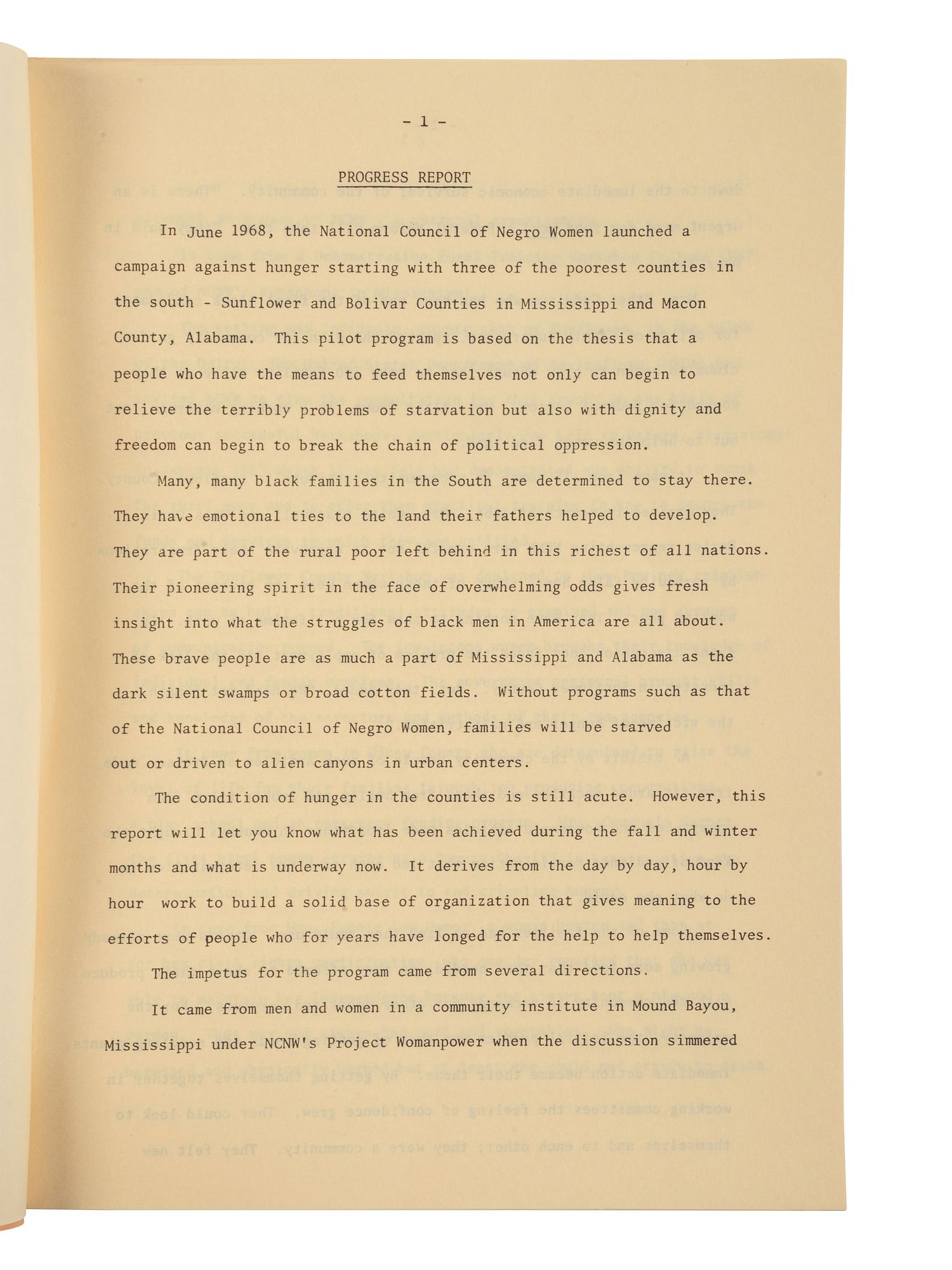 [CIVIL RIGHTS] -- [HEIGHT, Dorothy I. (1912-2010)]. "Progress Report" issued by the National Council of Negro Women, Inc. June 1969.