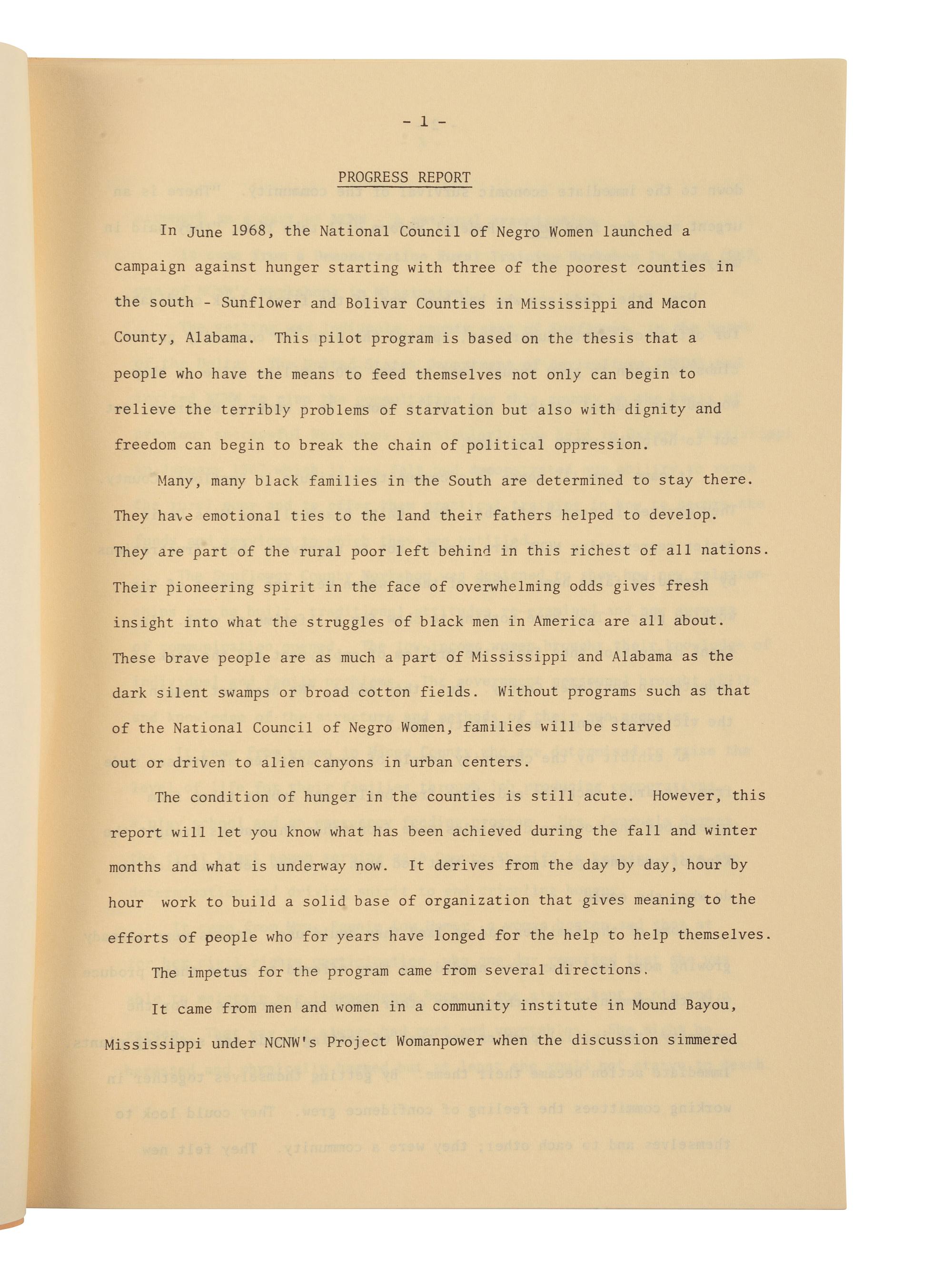 [CIVIL RIGHTS] -- [HEIGHT, Dorothy I. (1912-2010)]. "Progress Report" issued by the National Council of Negro Women, Inc. June 1969.