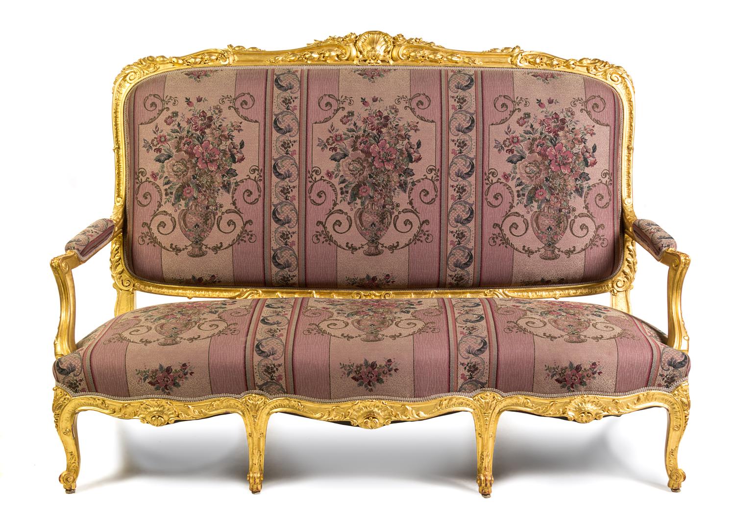 A Louis XV Style Carved Giltwood Salon Suite Height of settee 49 x width 71 1/2 x depth 29 inches. — LATE 19TH/EARLY 20TH CENTURY