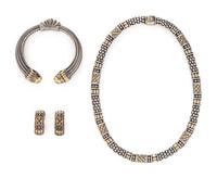 LAGOS, STERLING SILVER AND YELLOW GOLD 'CAVIAR' JEWELRY SUITE