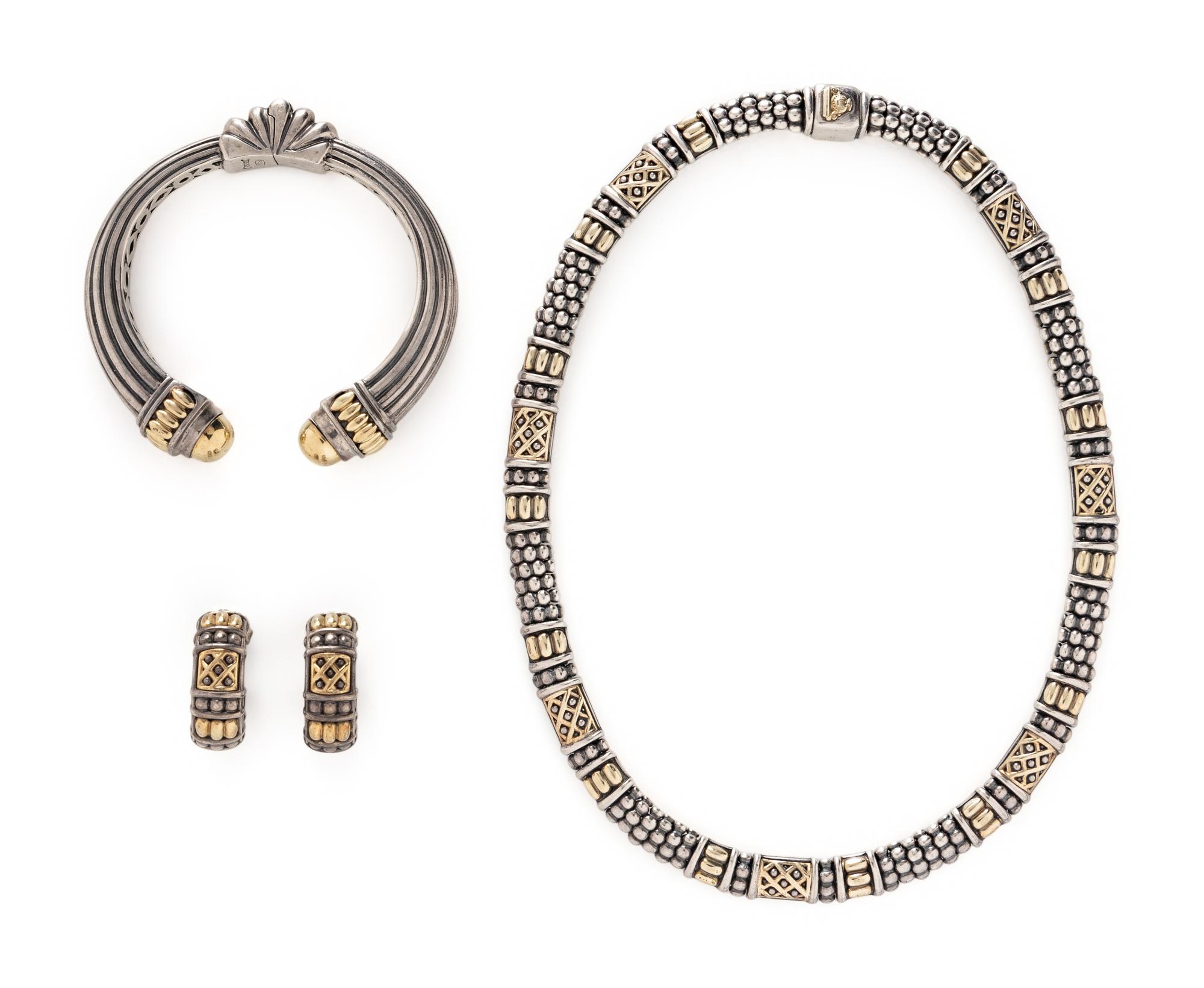 LAGOS, STERLING SILVER AND YELLOW GOLD 'CAVIAR' JEWELRY SUITE