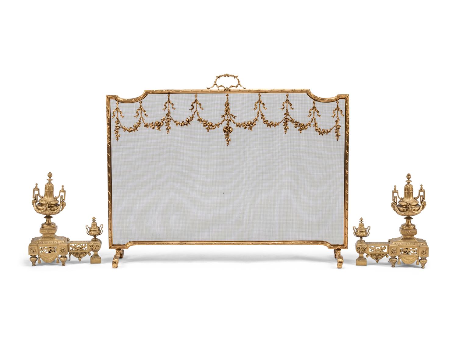 An Assembled Louis XVI Style Gilt Bronze Three-Piece Fireplace Suite