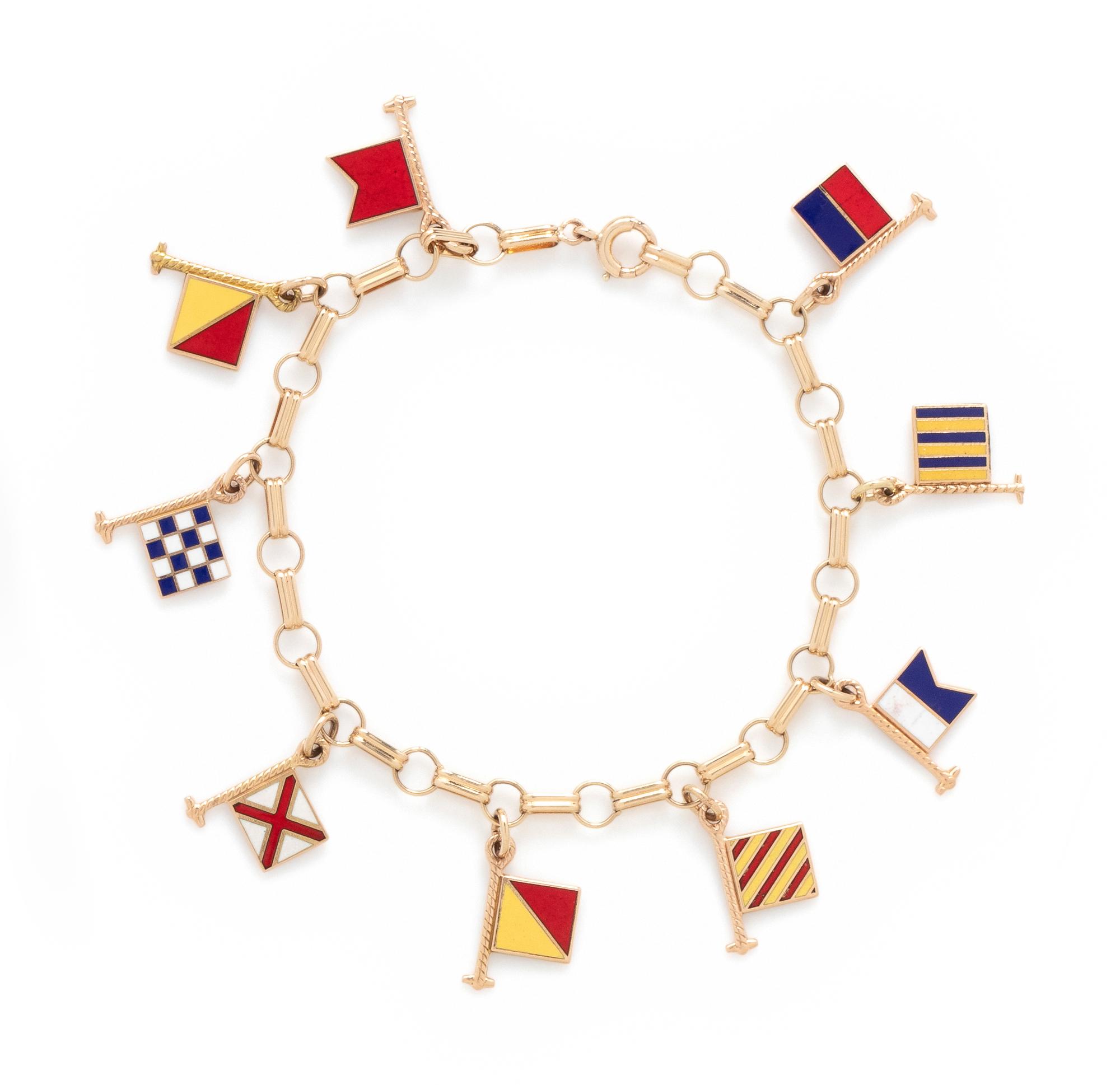 YELLOW GOLD AND ENAMEL FLAG CHARM BRACELET