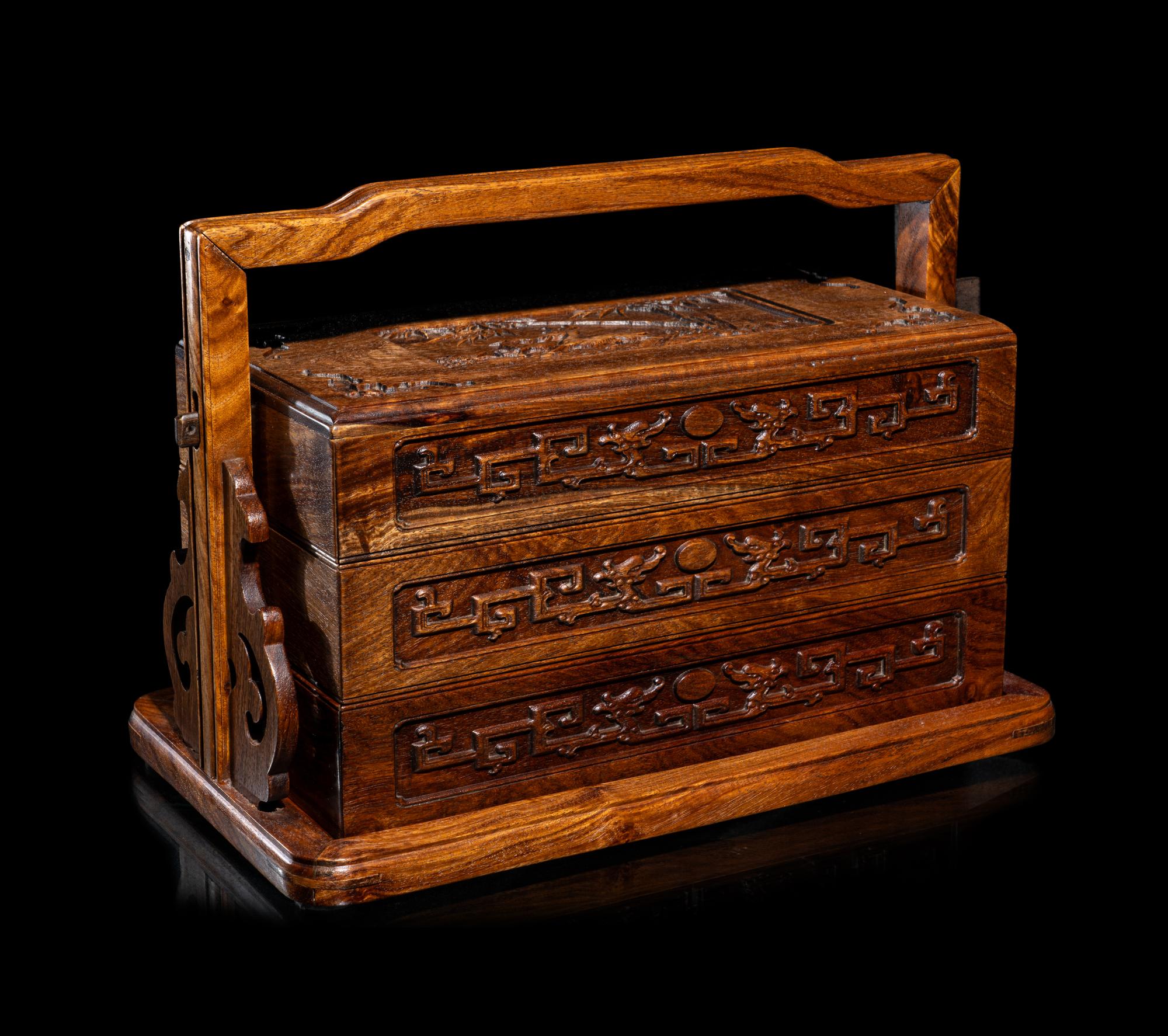 A Chinese Huanghuali Two-Tiered Picnic Box and Cover, Tihe