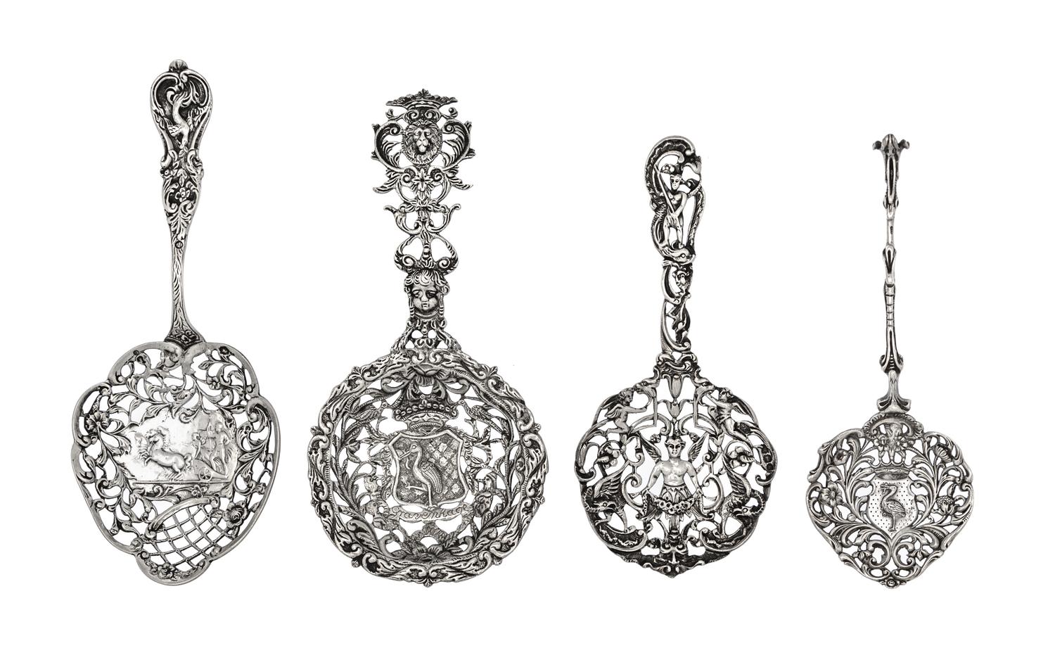A Group of Four Continental and English Silver Serving Spoons, Various Makers, 19th/20th Century, each having a pierced bowl and foliat