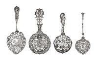 A Group of Four Continental and English Silver Serving Spoons, Various Makers, 19th/20th Century, each having a pierced bowl and foliat