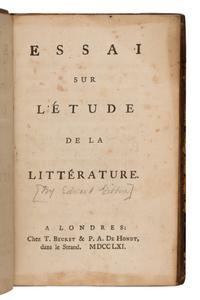 Gibbon, Edward (1737-1794). Essai sur l'etude de la literature . London: T. Becket & P.A. De Hondt, 1761.