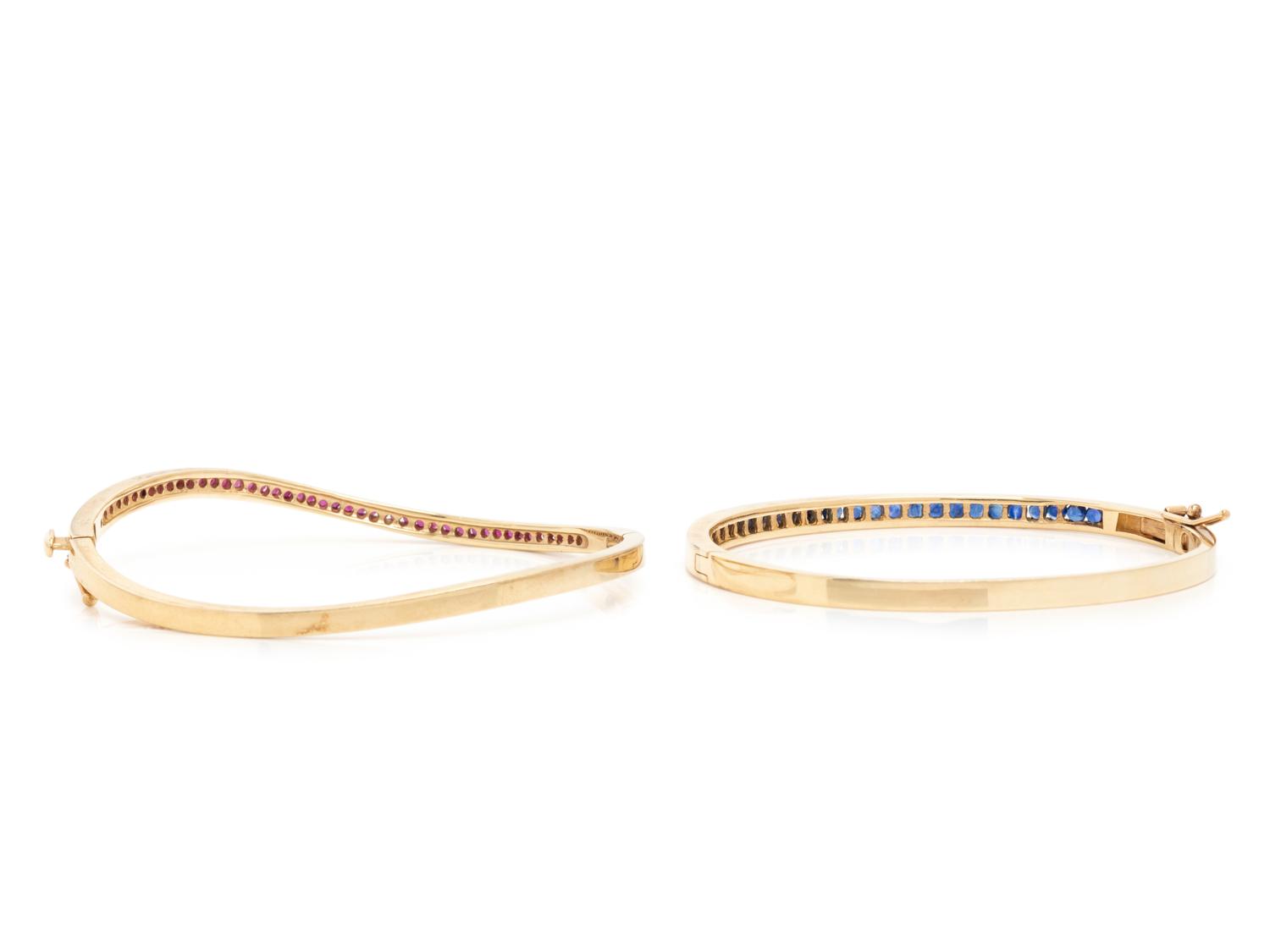 COLLECTION OF YELLOW GOLD AND GEMSTONE BANGLE BRACELETS