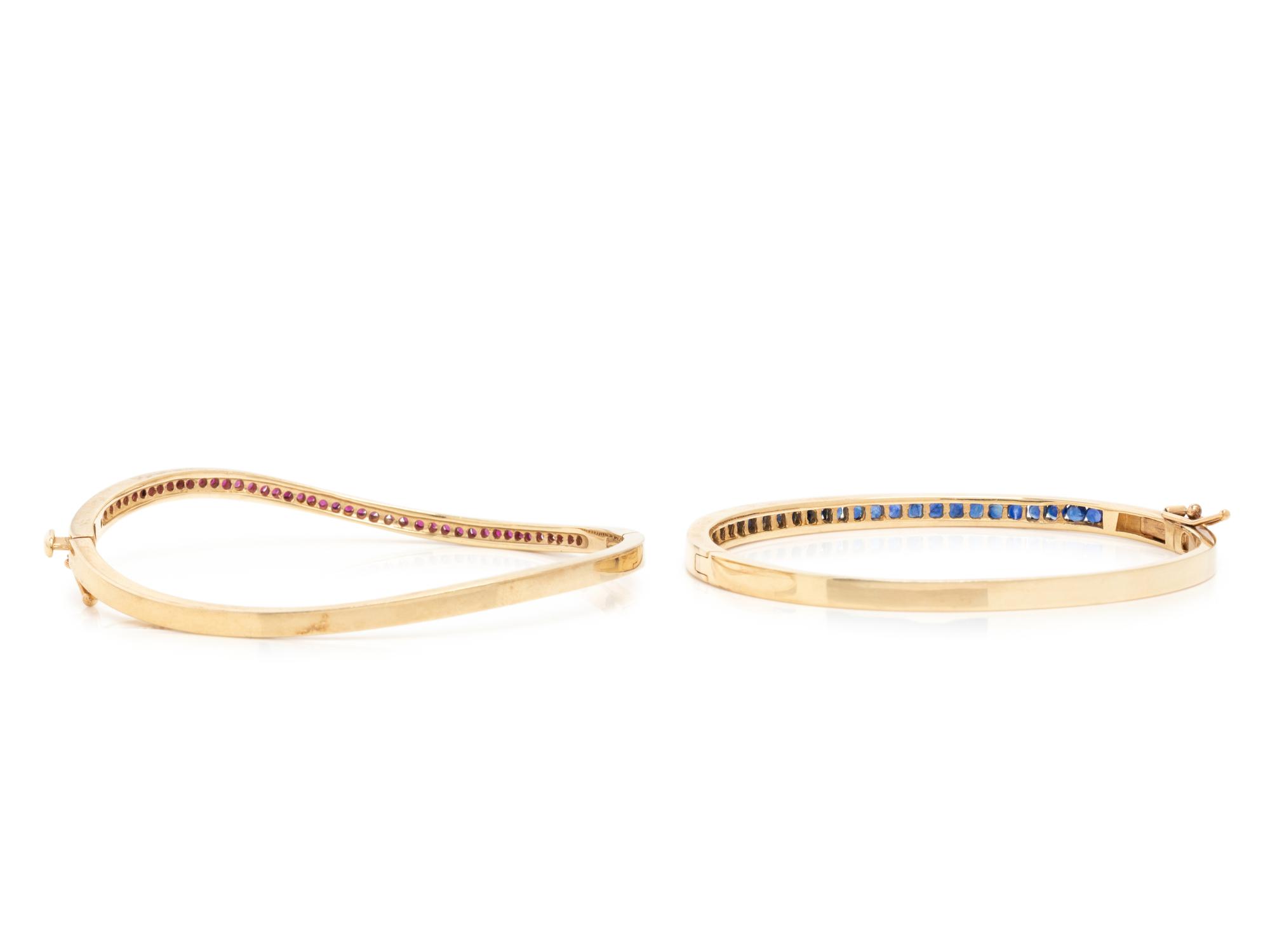 COLLECTION OF YELLOW GOLD AND GEMSTONE BANGLE BRACELETS