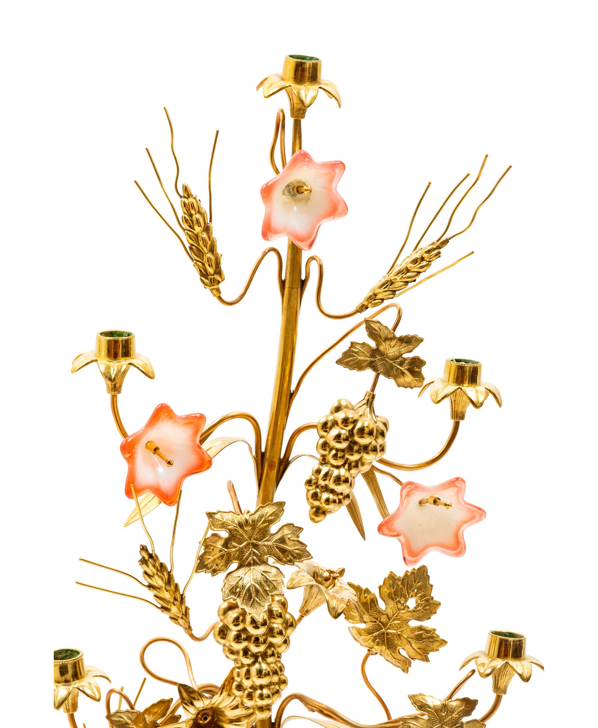 A Pair of Victorian Brass and Glass Seven-Light Candelabra