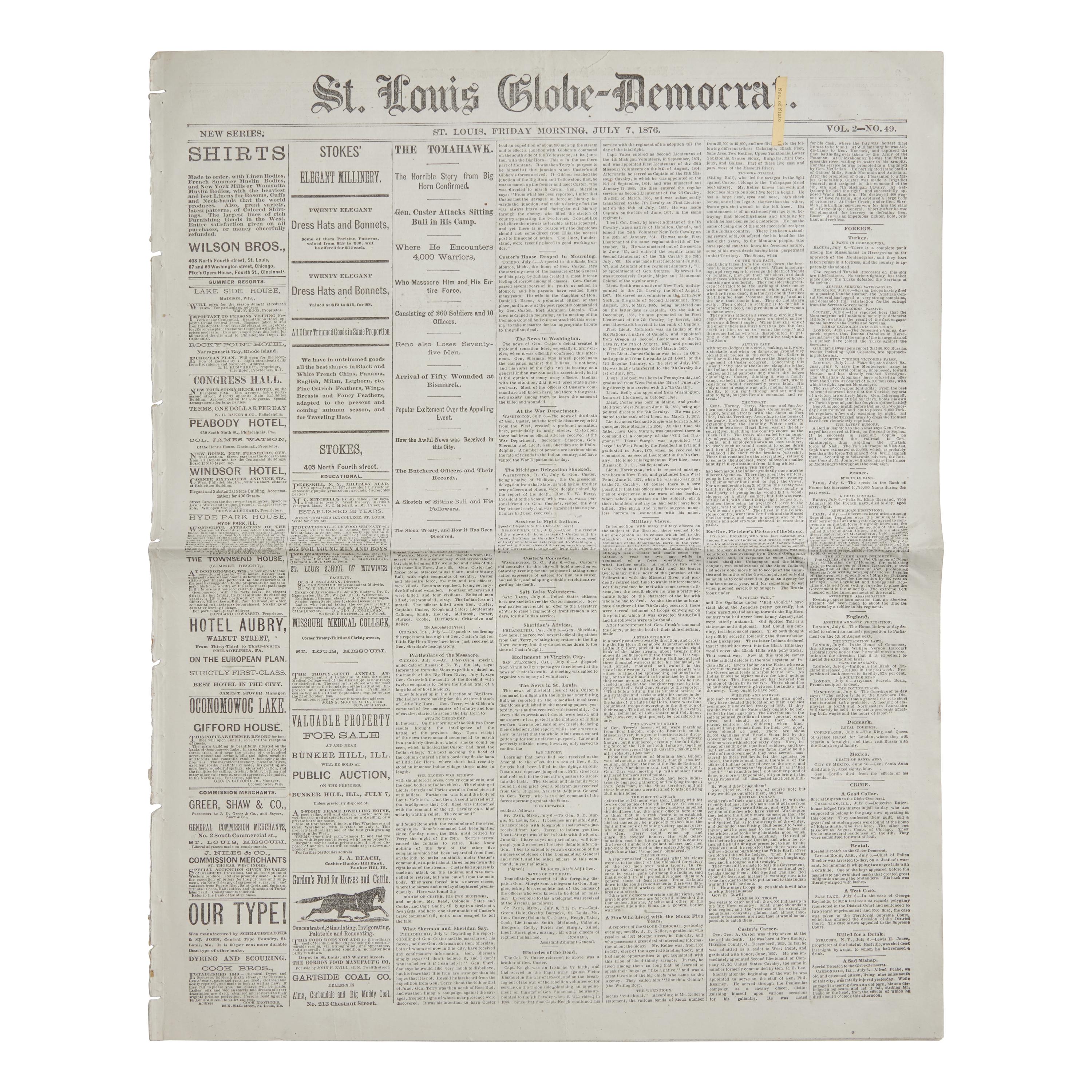 [Indian Wars] [Custer, George A.] A Secretary of State's Copy of This St. Louis Newspaper, Reporting on the Recent Battle of Little Big Horn: "The Horrible Story...Confirmed"