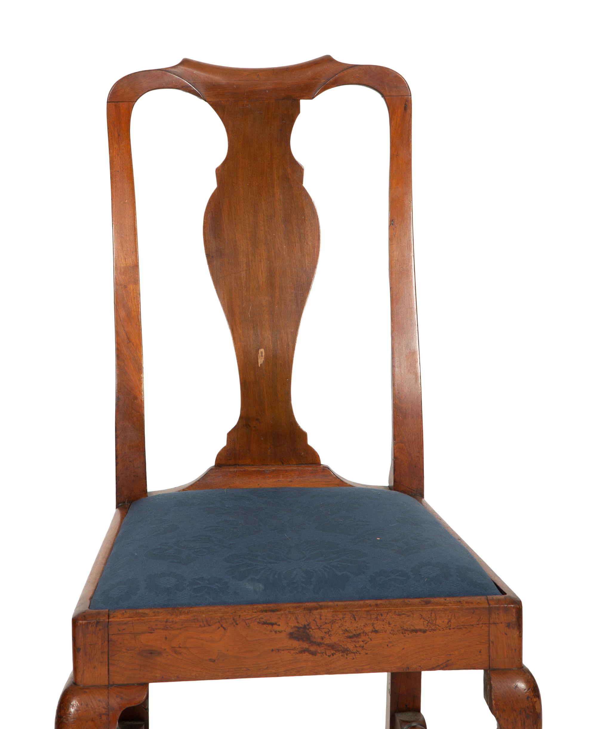 An Assemblage of Five Queen Anne Cherry and Mahogany Dining Chairs