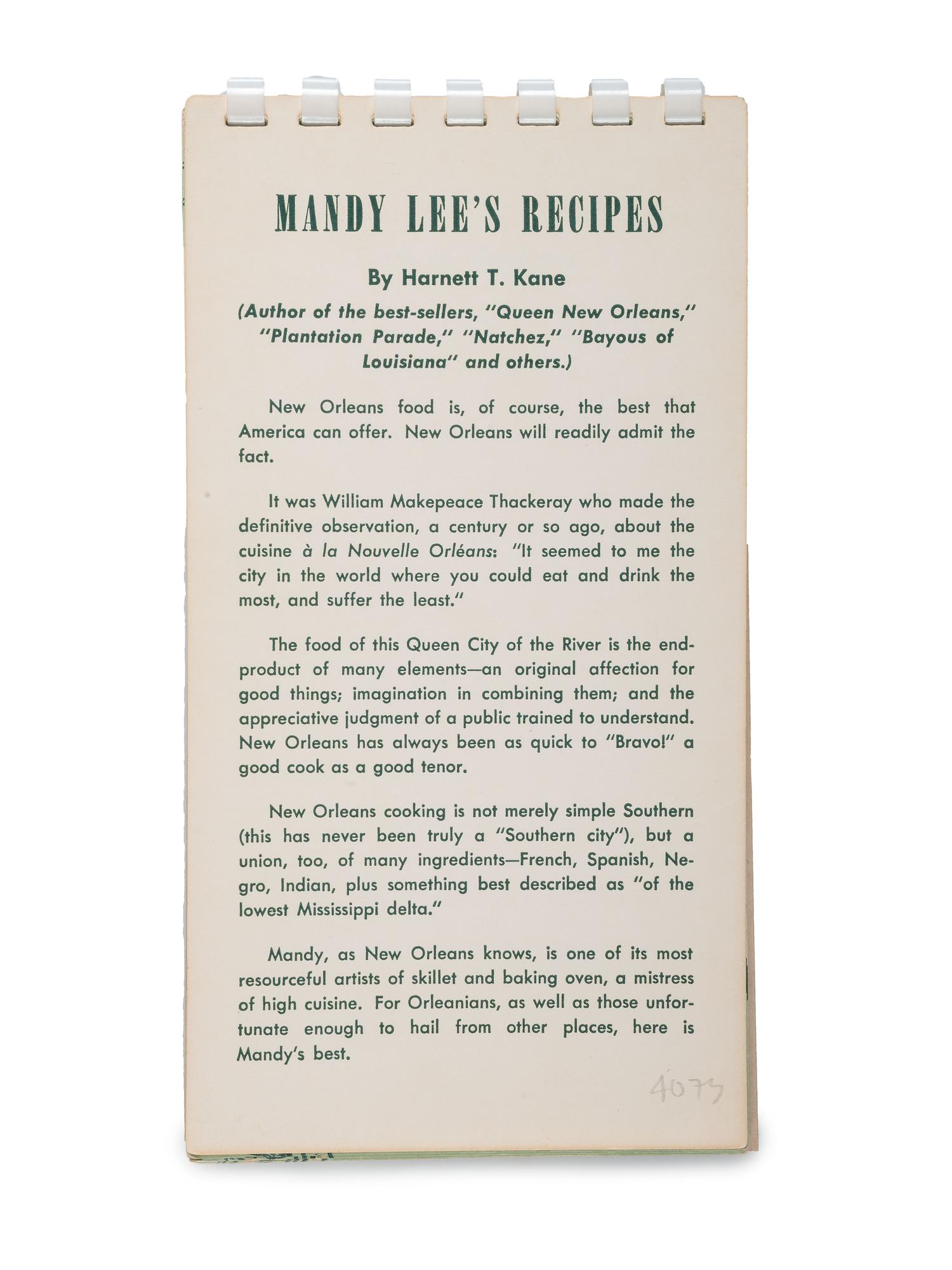 [COOKBOOKS]. PREVOST, Ruth (1917-1954). Mandy Lee's Recipes for Good New Orleans Dishes . [Louisiana]: N.p., ca 1950-1954.