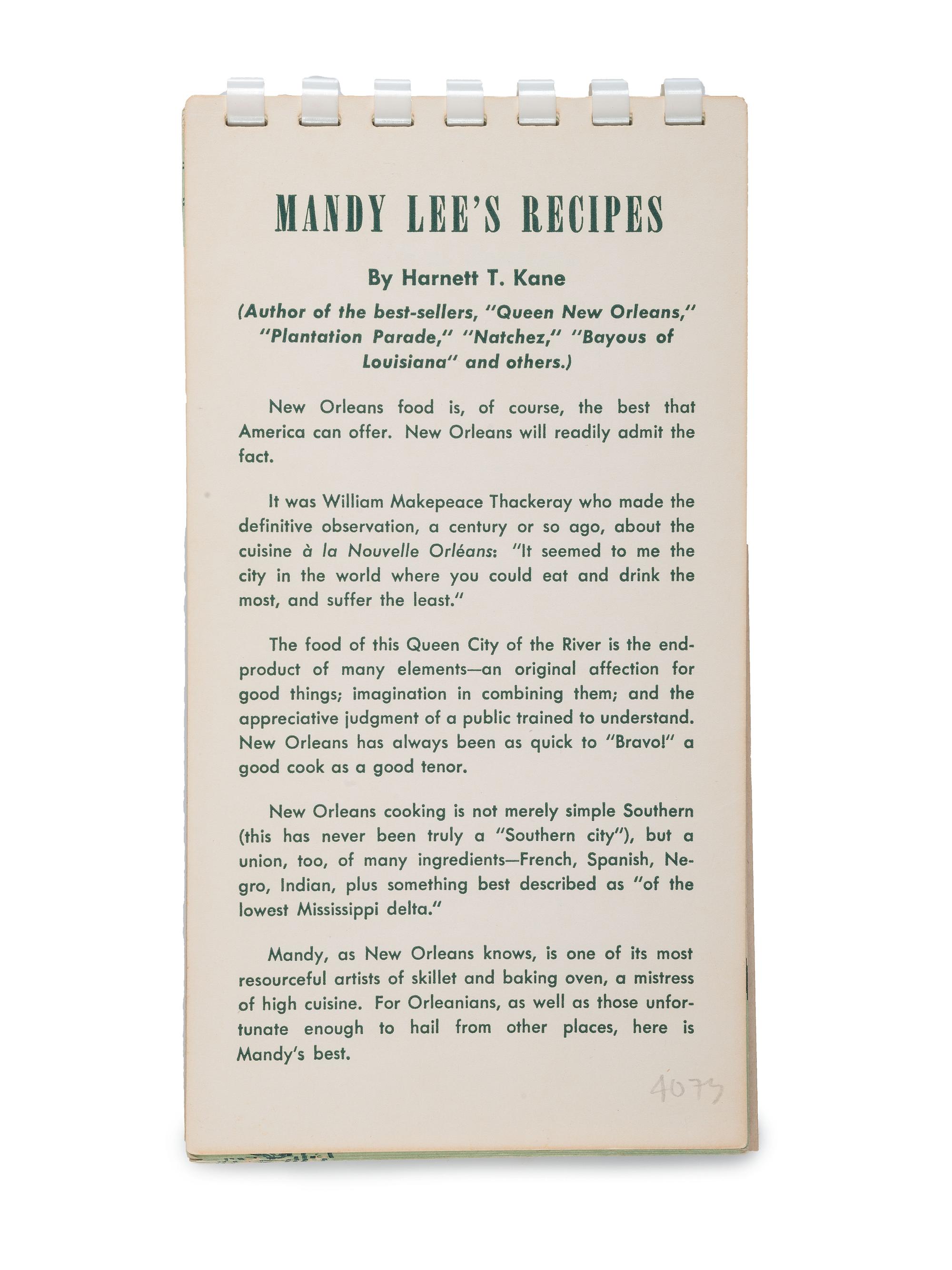 [COOKBOOKS]. PREVOST, Ruth (1917-1954). Mandy Lee's Recipes for Good New Orleans Dishes . [Louisiana]: N.p., ca 1950-1954.