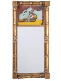 A Classical Carved and Gilt Decorated Reverse Painted Panel Inset Looking Glass