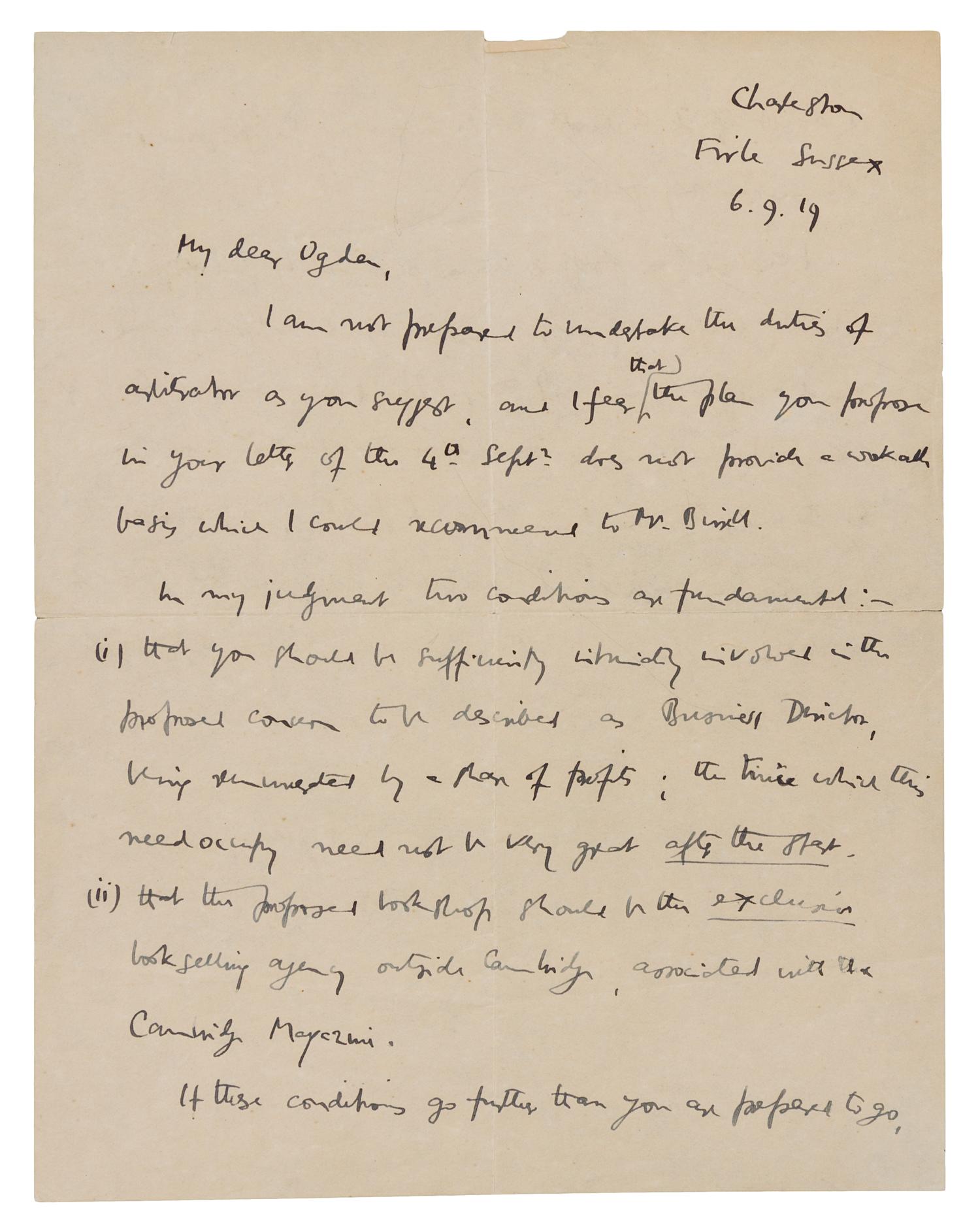 KEYNES, John Maynard, 1st Baron. Autographed letter signed ("JM Keynes"), to "My dear Ogden", Firth Sussex, 6 September 1919.