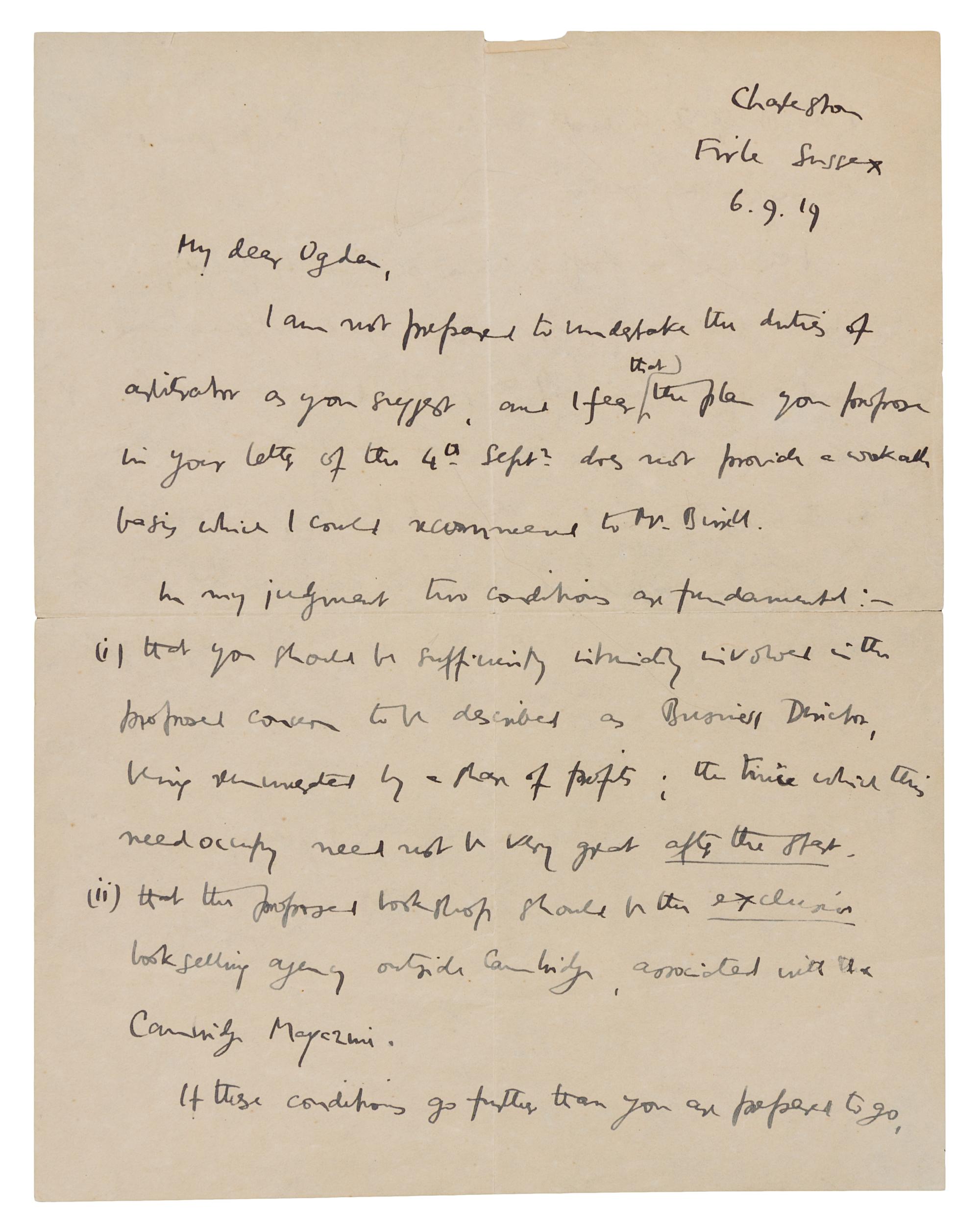 KEYNES, John Maynard, 1st Baron. Autographed letter signed ("JM Keynes"), to "My dear Ogden", Firth Sussex, 6 September 1919.