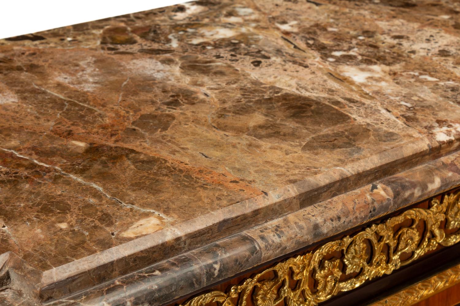 A Pair of Louis XVI Style Gilt Bronze and Porcelain Mounted Parquetry Marble-Top Console Cabinets