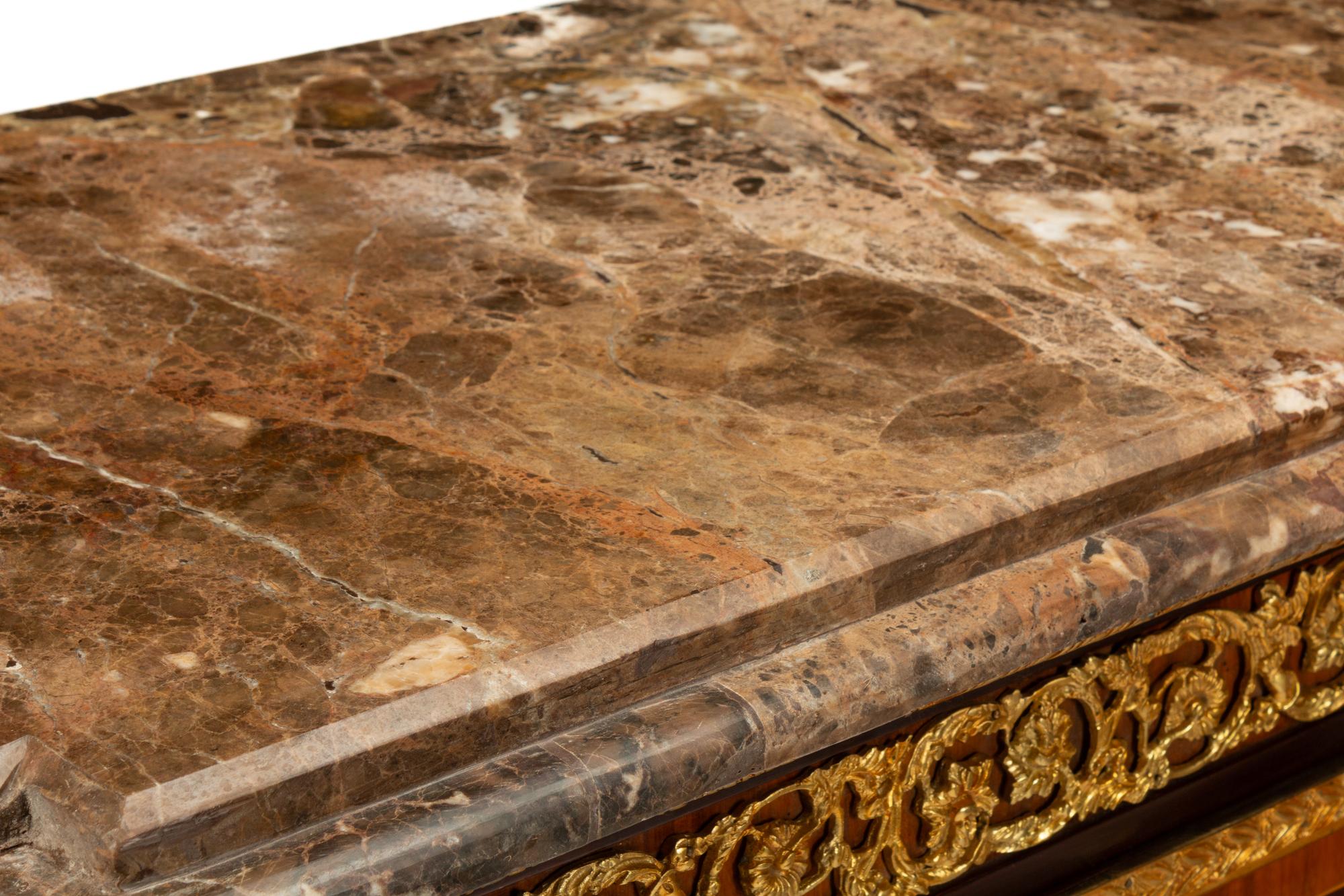 A Pair of Louis XVI Style Gilt Bronze and Porcelain Mounted Parquetry Marble-Top Console Cabinets