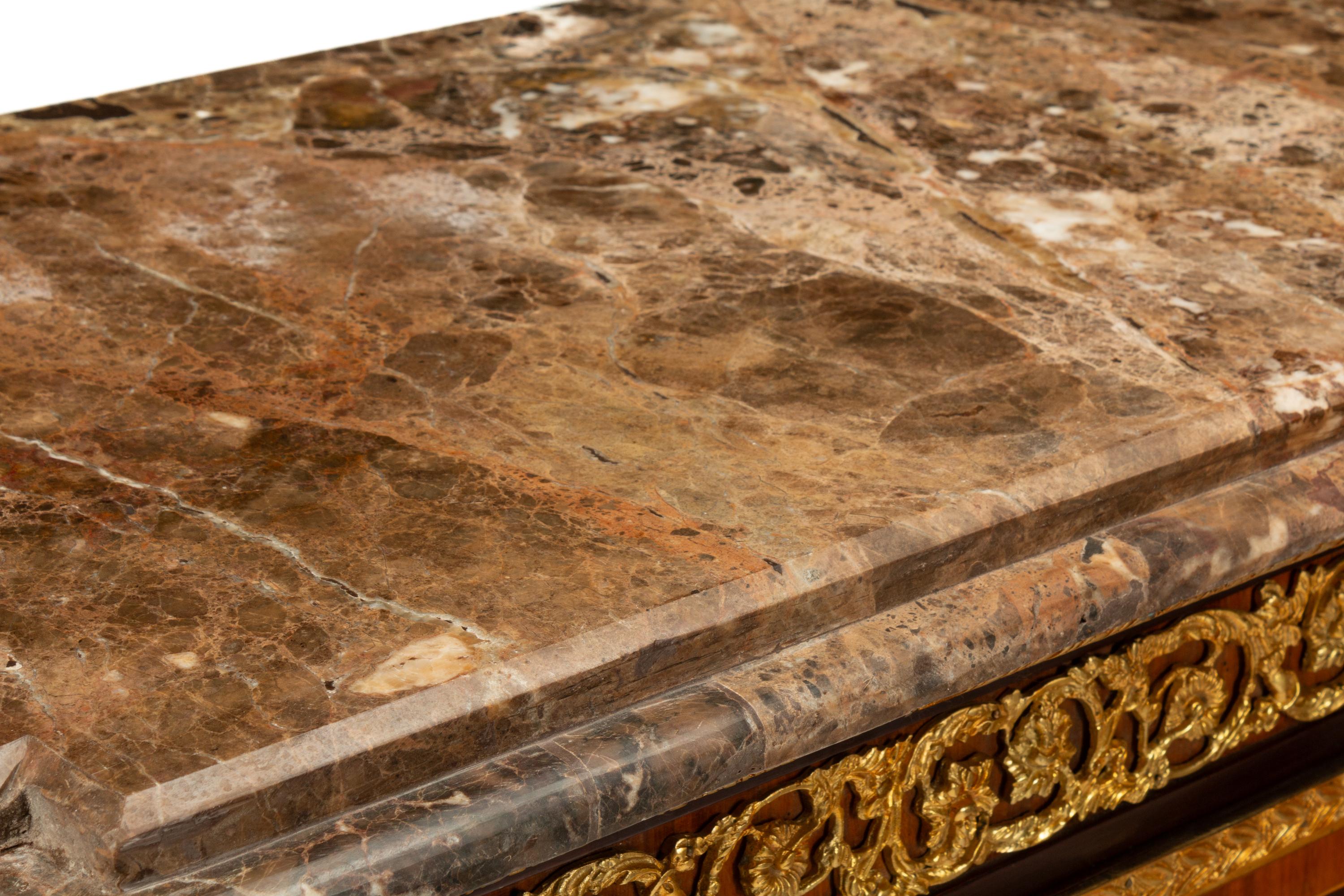 A Pair of Louis XVI Style Gilt Bronze and Porcelain Mounted Parquetry Marble-Top Console Cabinets