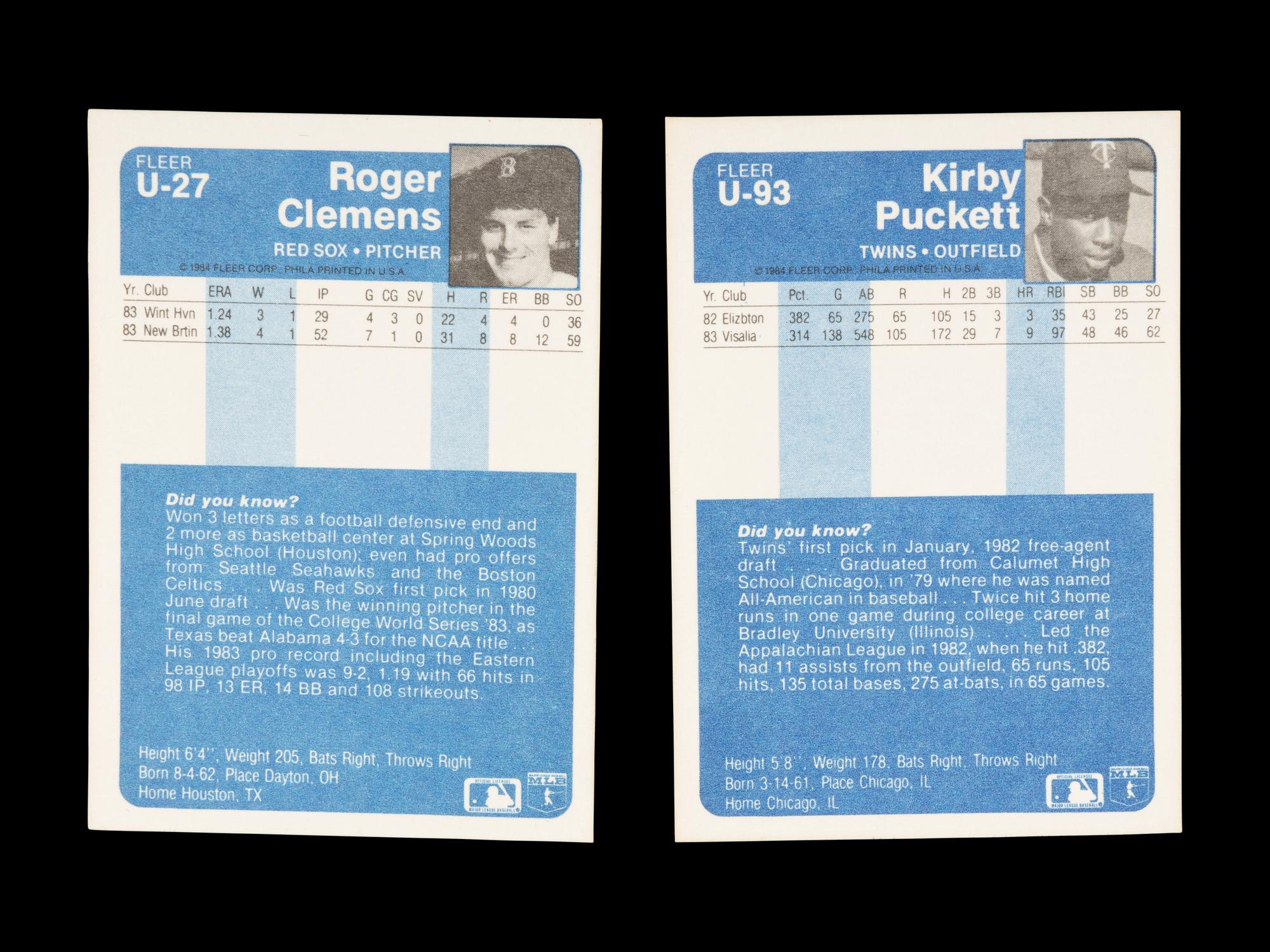 A Group of 1984 Fleer Update Roger Clemens and Kirby Puckett Rookie Baseball Cards,