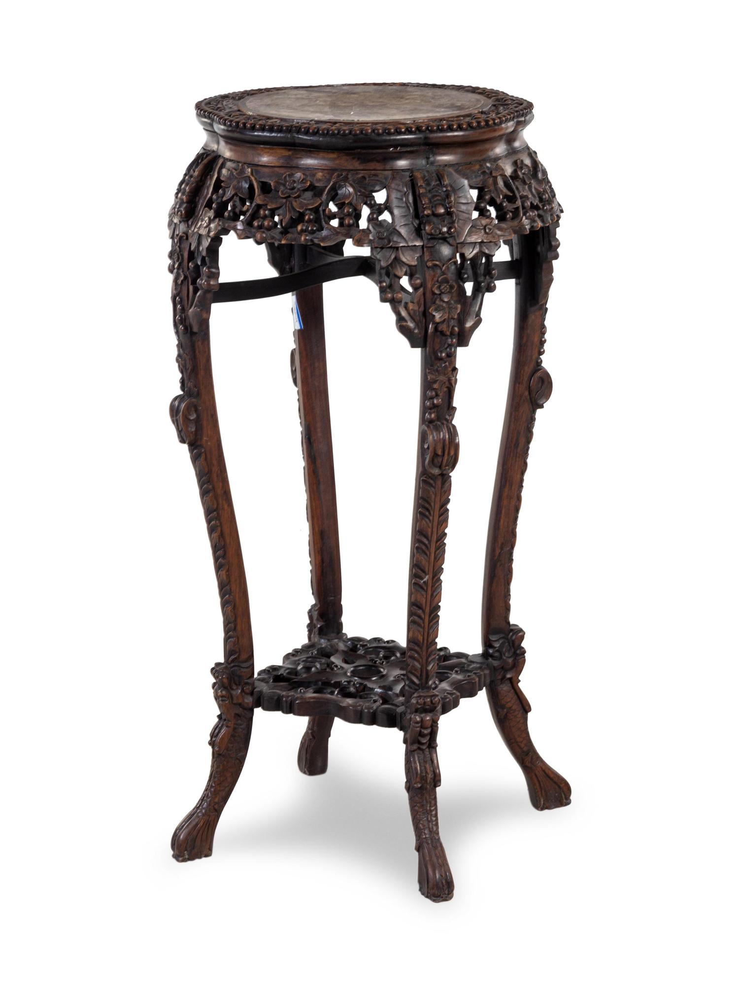 A Chinese Carved Hardwood and Marble-Inset Pedestal