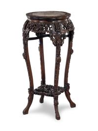 A Chinese Carved Hardwood and Marble-Inset Pedestal