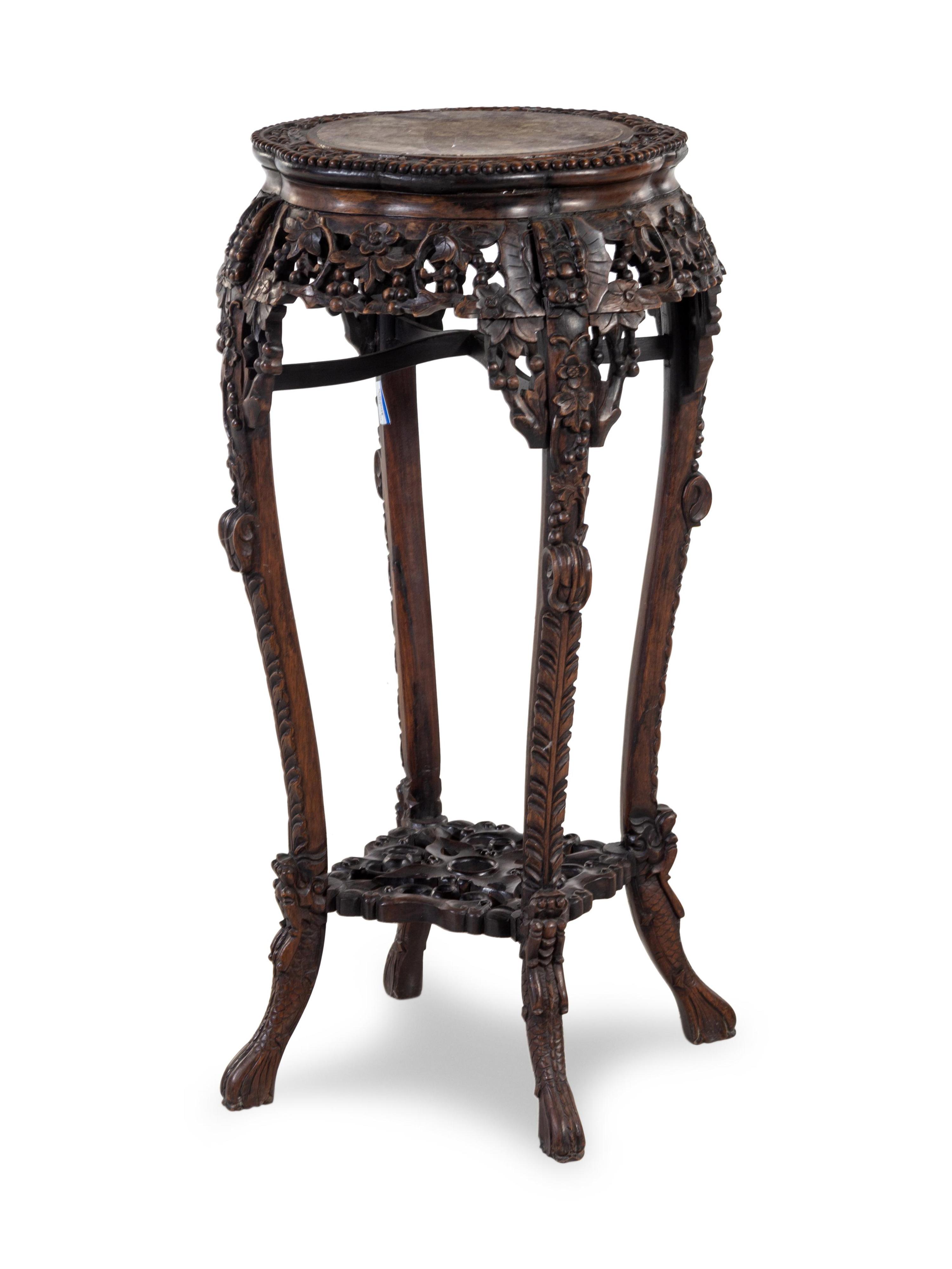 A Chinese Carved Hardwood and Marble-Inset Pedestal