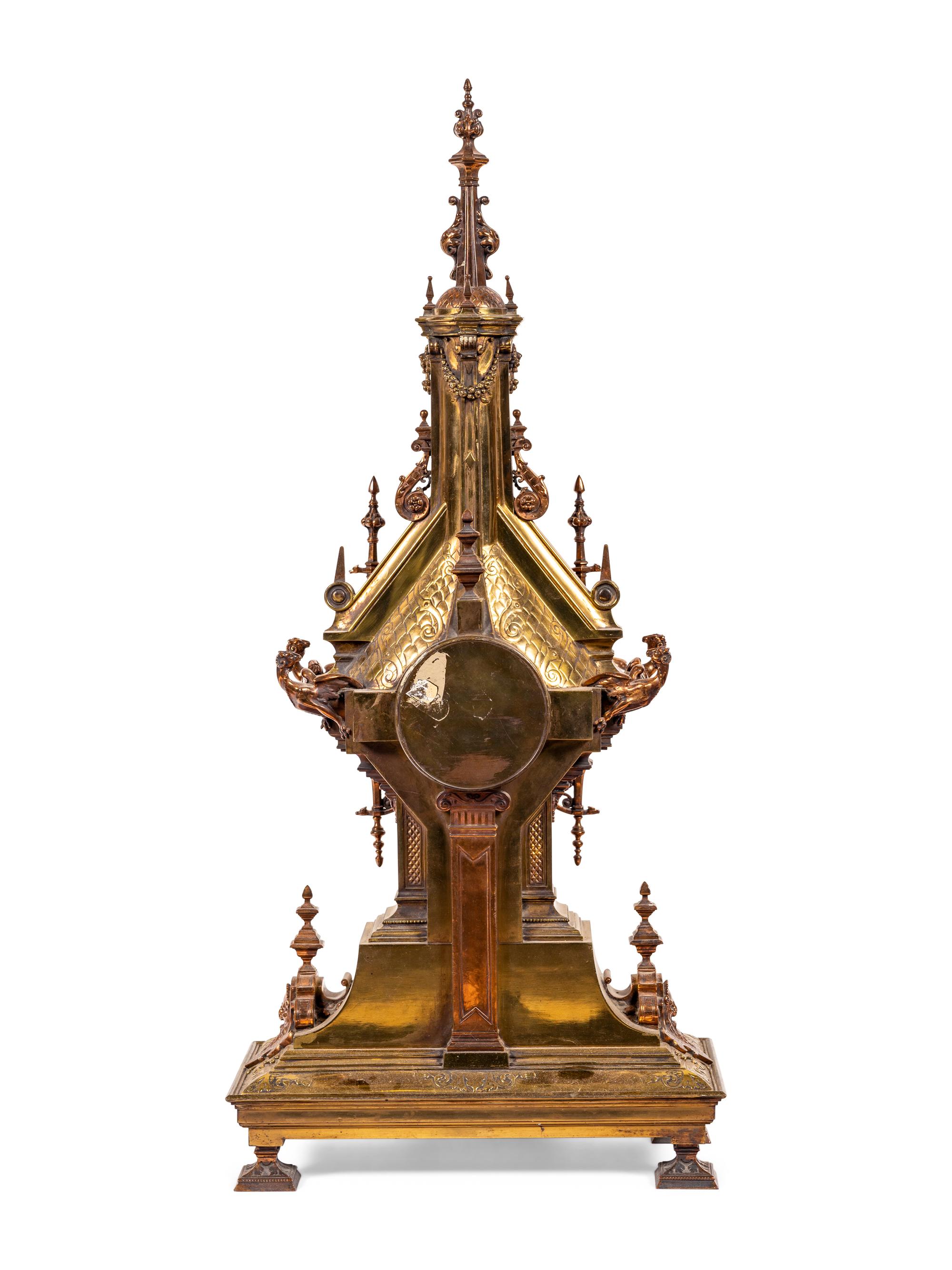 A French Gothic Revival Gilt Bronze and Brass Mantel Clock Retailed by Tiffany and Co.