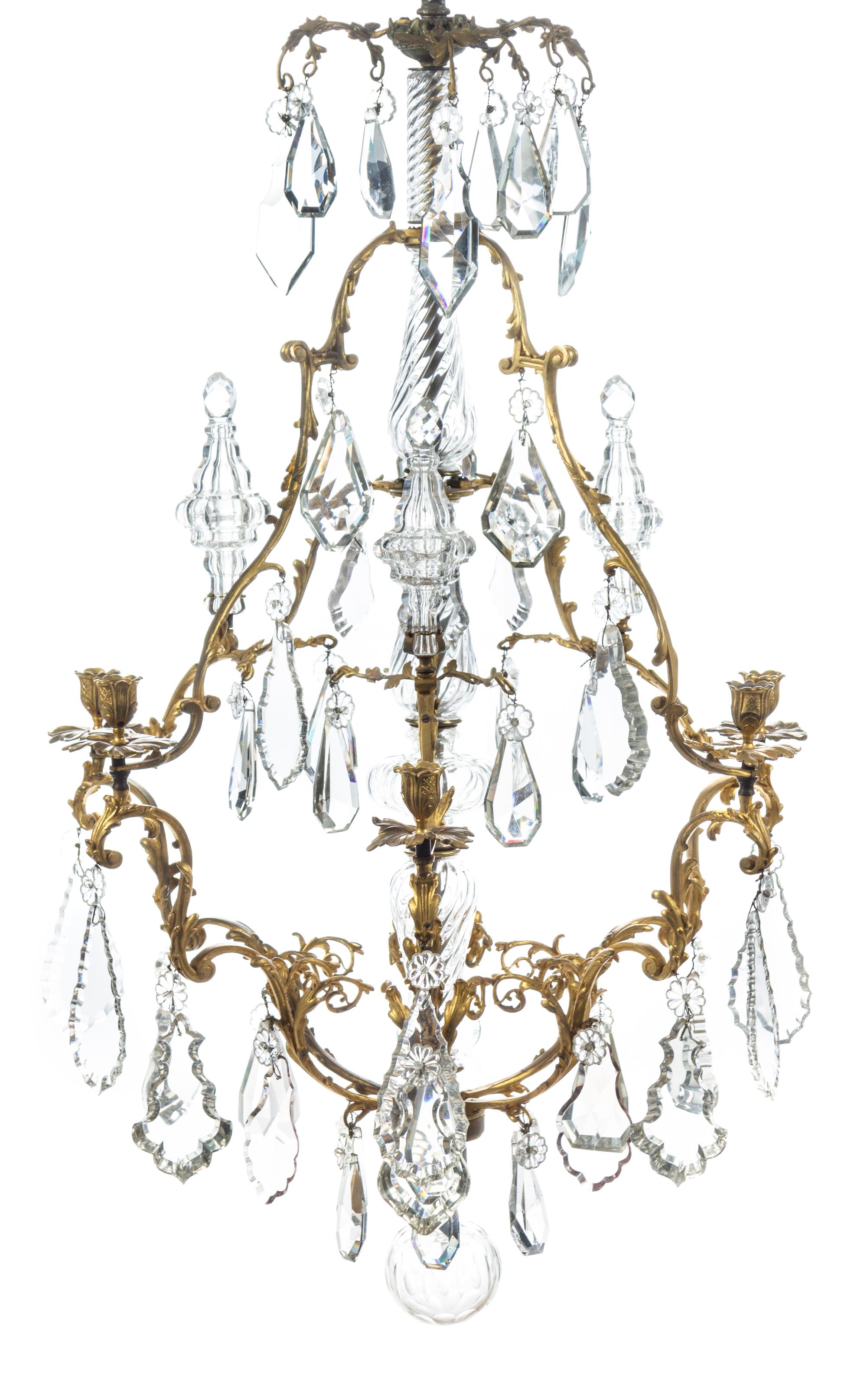 A Louis XV Style Gilt Bronze Six-Light Chandelier Height 48 x diameter 30 inches. — 19TH CENTURY