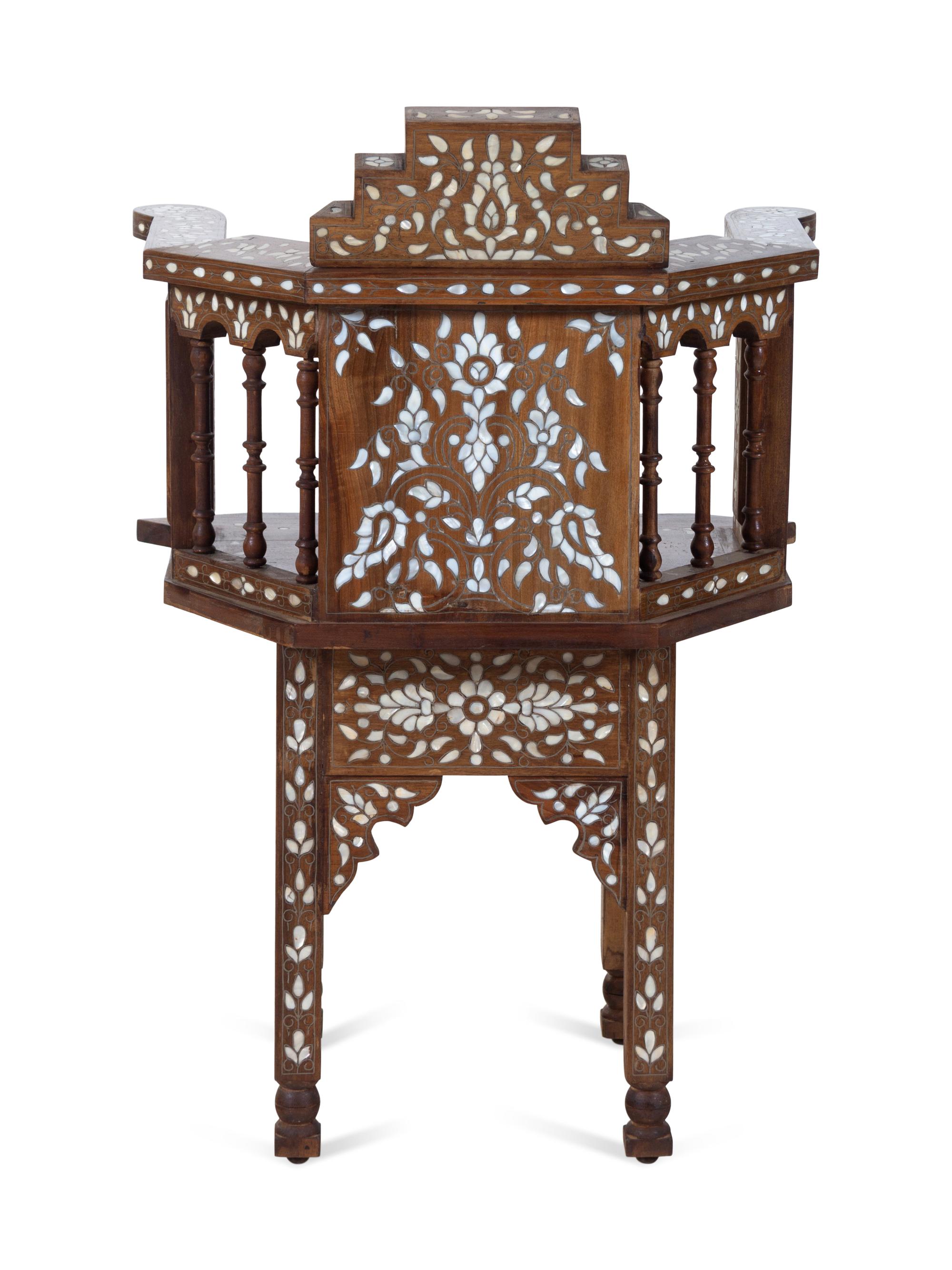 A Syrian Mother-of-Pearl and Metal Inlaid Walnut Armchair