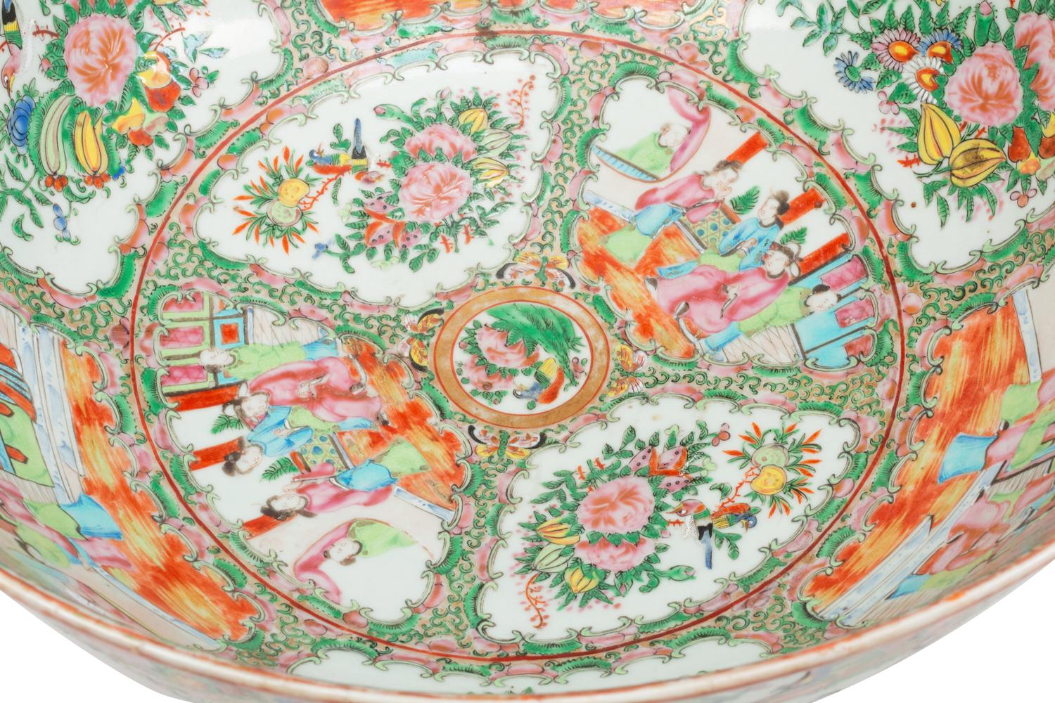 A Near Pair of Chinese Export Rose Medallion Porcelain Punch Bowls