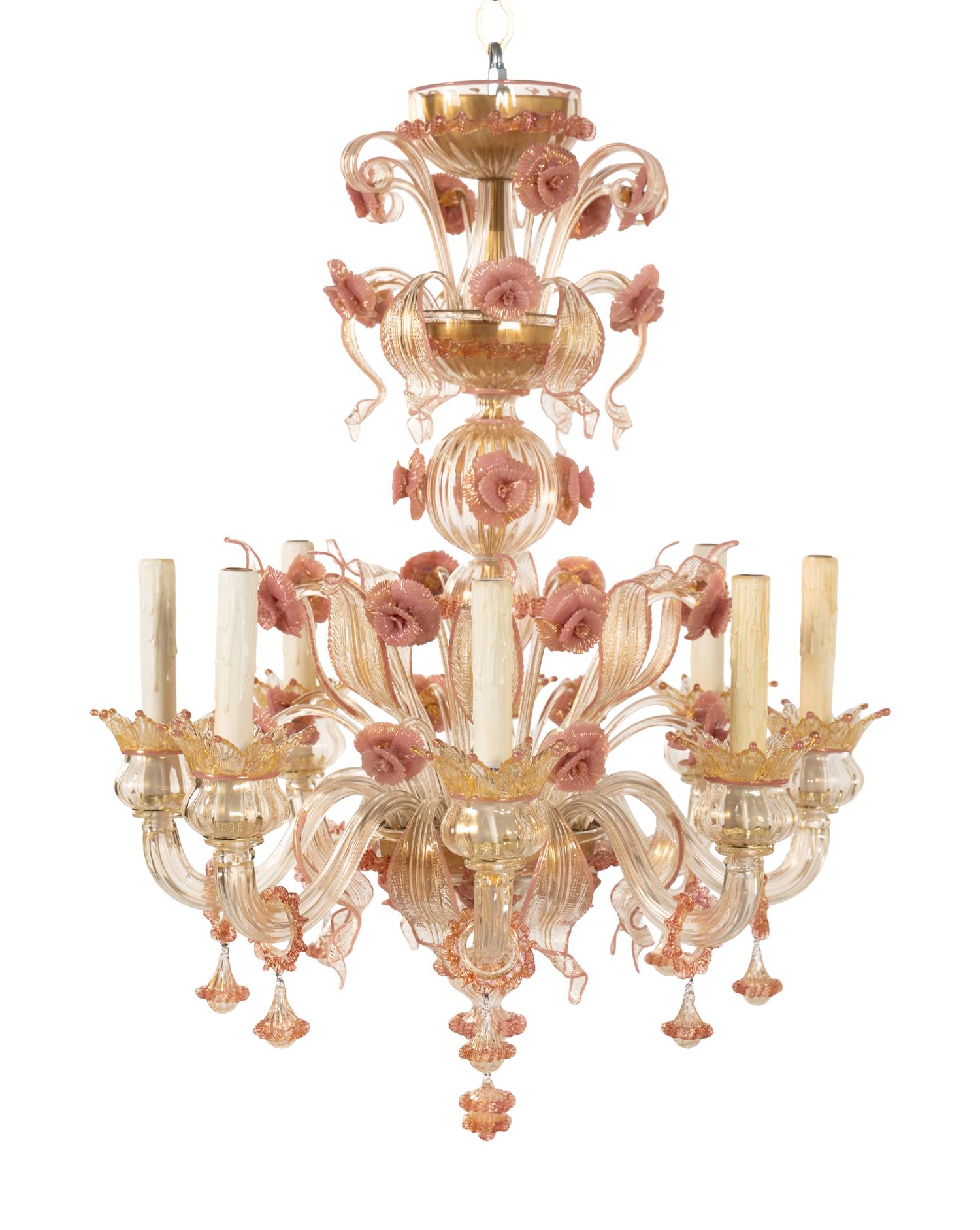 A Venetian Pink, Opaque and Colorless Glass Eight-Light Chandelier