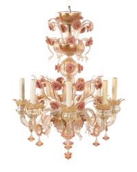 A Venetian Pink, Opaque and Colorless Glass Eight-Light Chandelier
