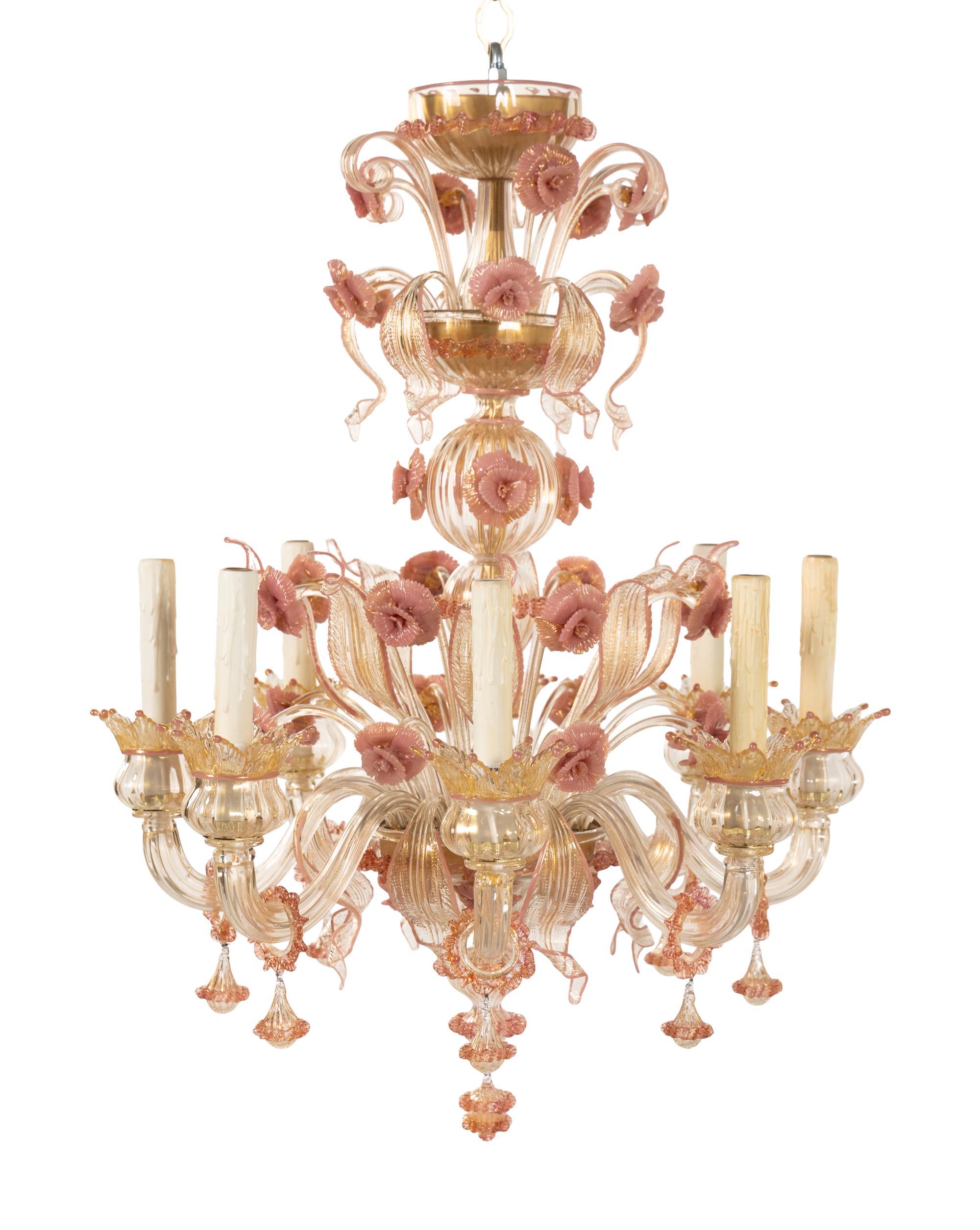 A Venetian Pink, Opaque and Colorless Glass Eight-Light Chandelier