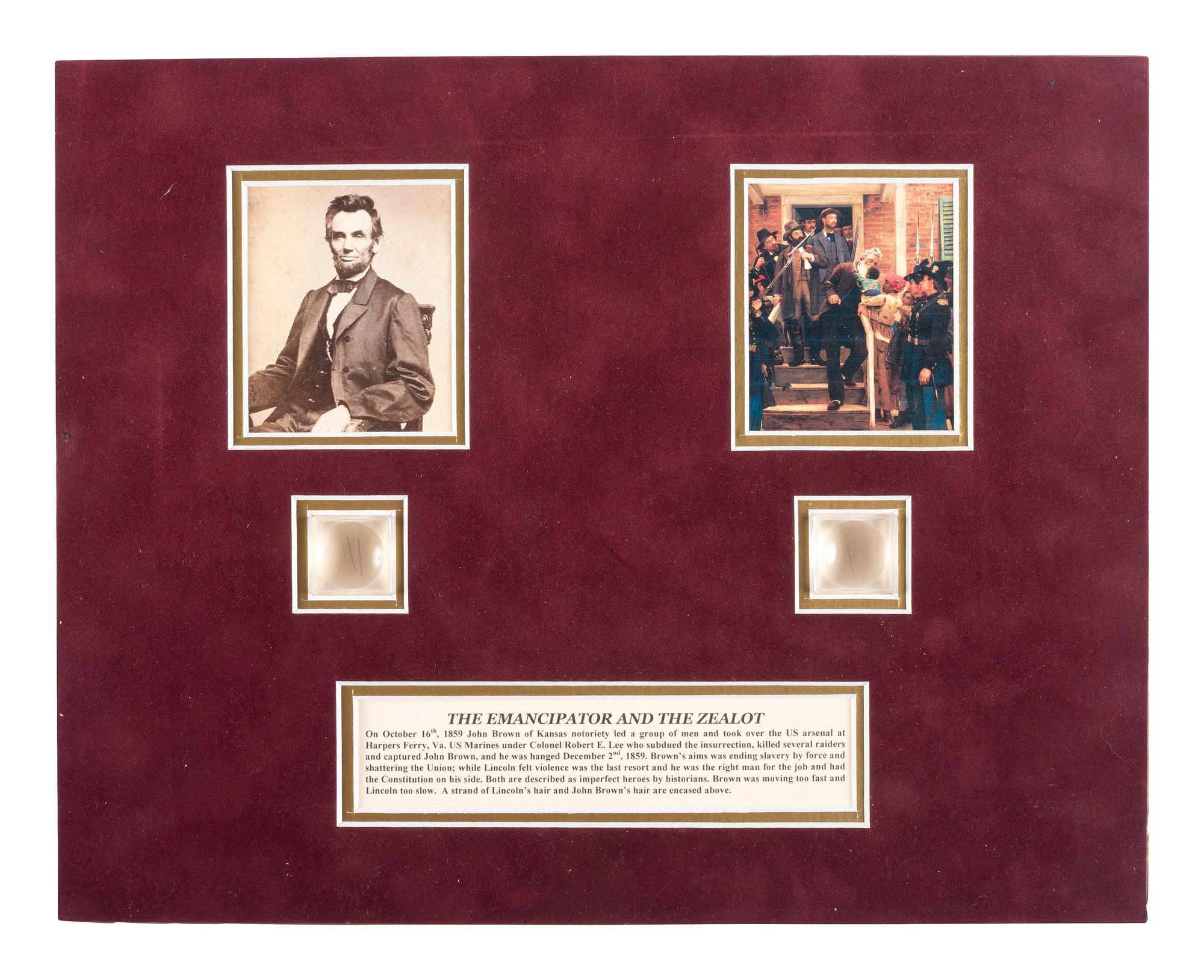 [SLAVERY & ABOLITION] -- [LINCOLN, Abraham (1809-1865)] -- [BROWN, John (1800-1859). Strands of hair attributed to Abraham Lincoln and John Brown.