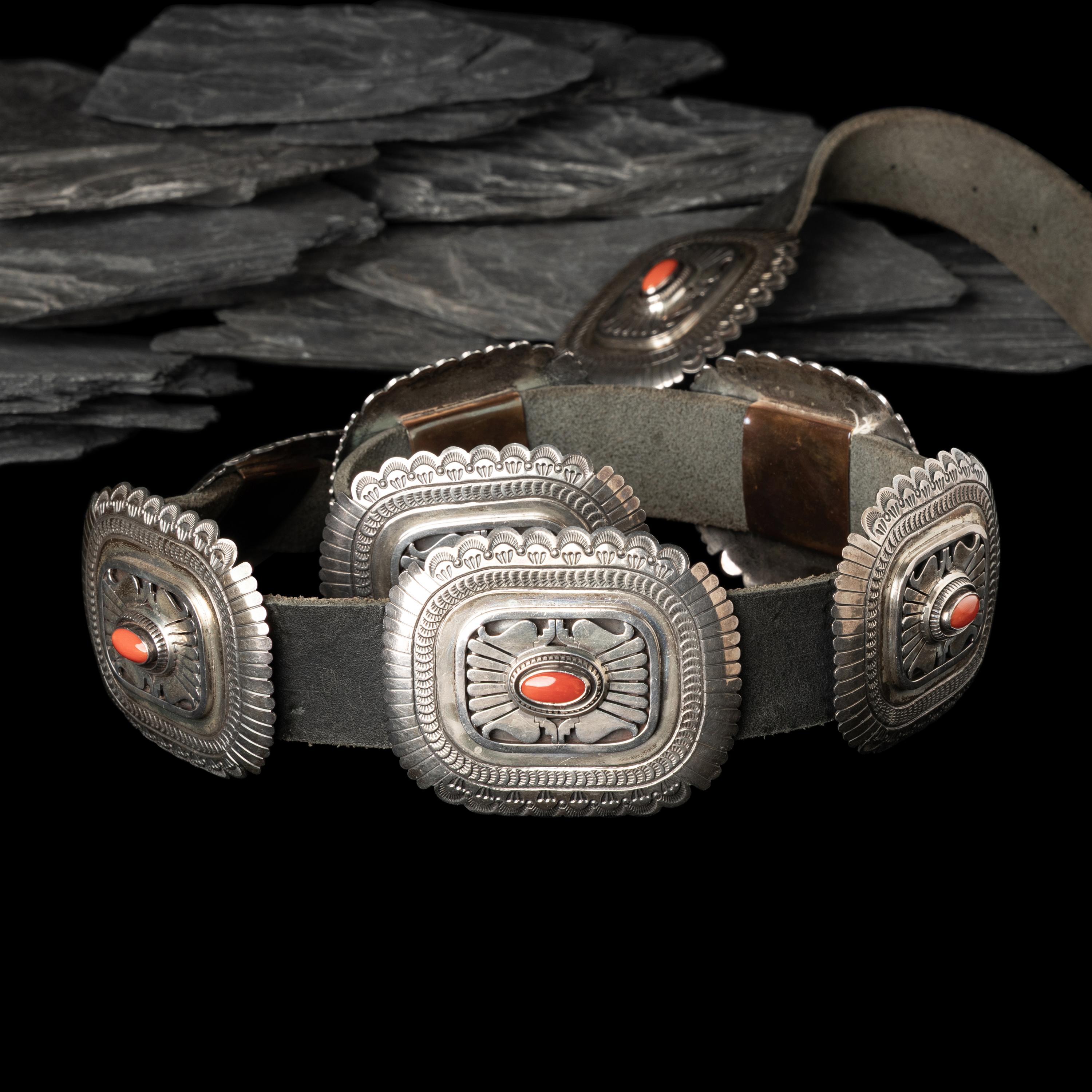 Leonard Nez (Diné, act. since 1980s) — Sterling Silver and Coral Concha Belt