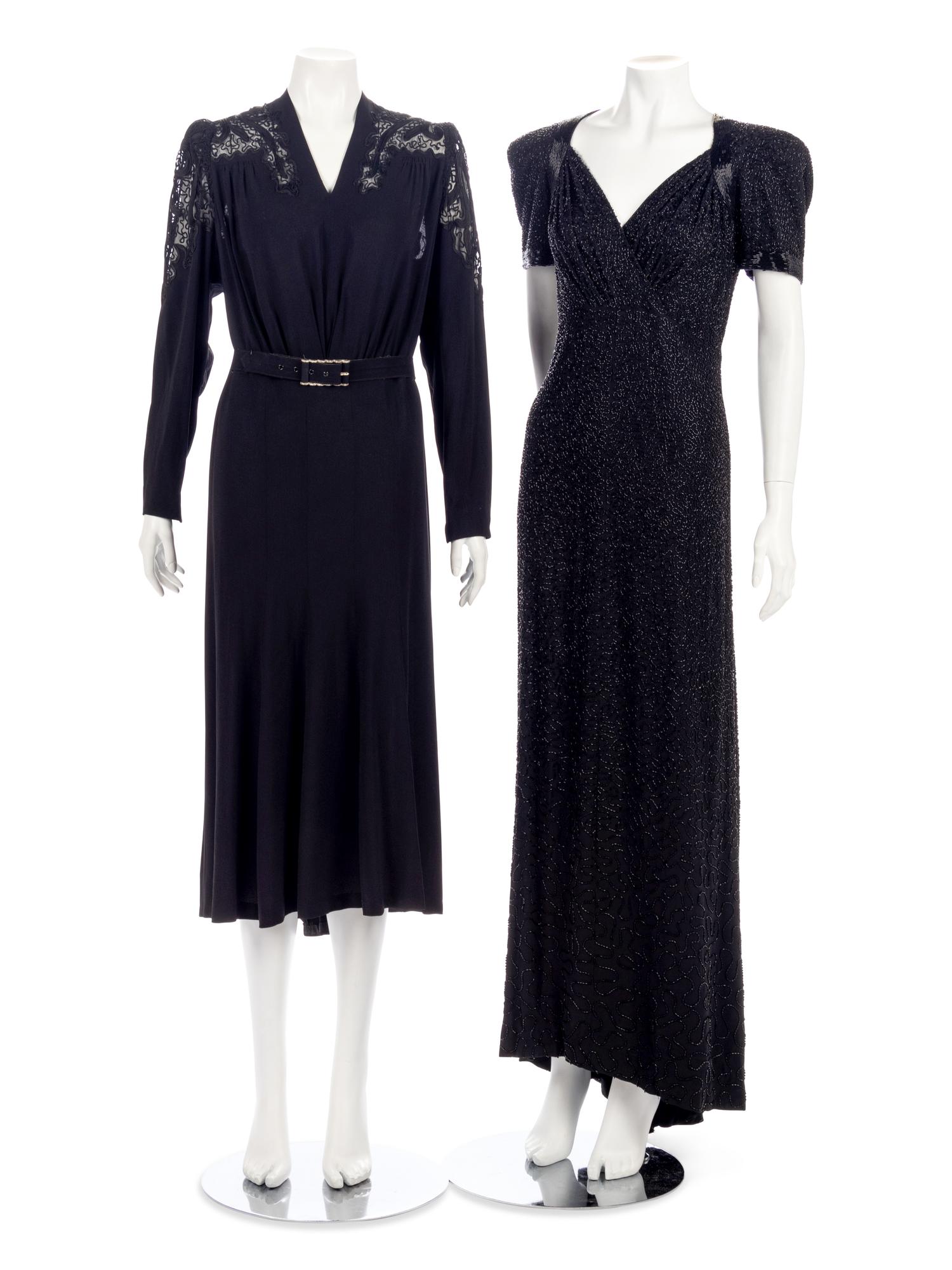 Three Dresses; One Rosenstein, One Yellow Crepe, One Black with Soutache, 1940s