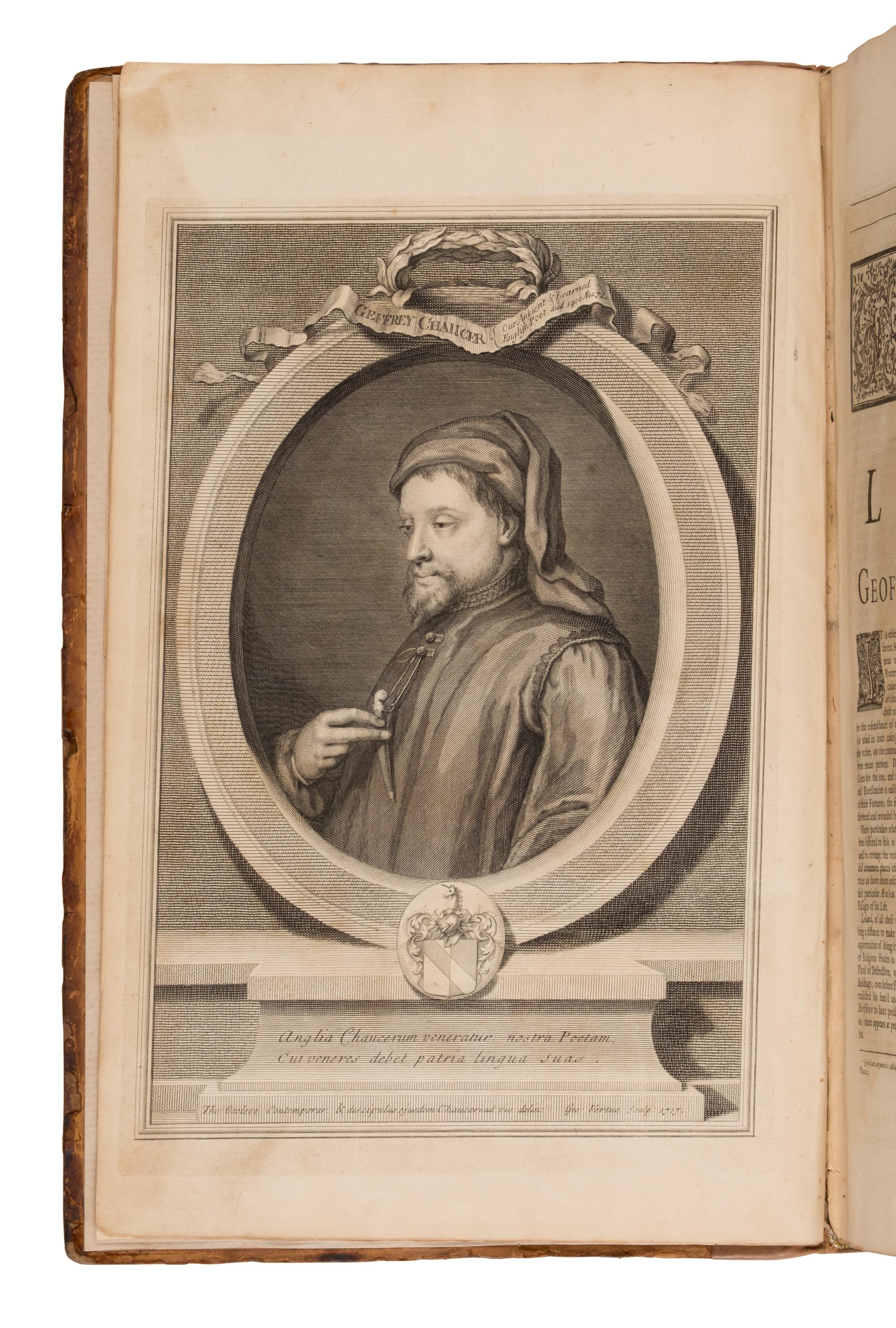 Chaucer, Geoffrey (ca 1343-1400). The Works...together with a glossary . John Urry, editor. London: for Bernard Lintot, 1721.