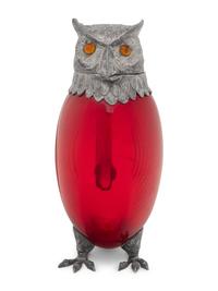A Silver-Plate and Red Glass Owl Decanter