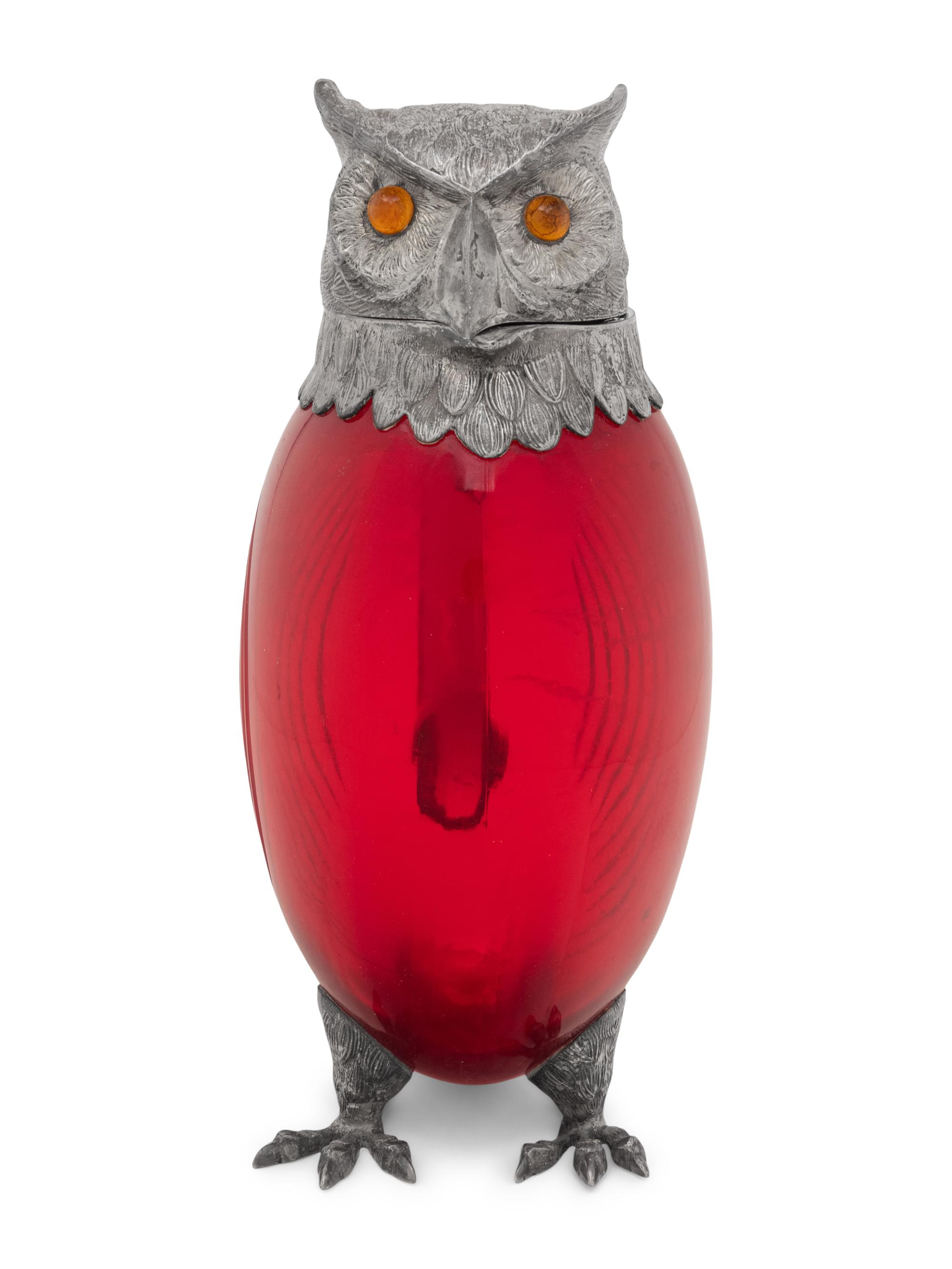 A Silver-Plate and Red Glass Owl Decanter