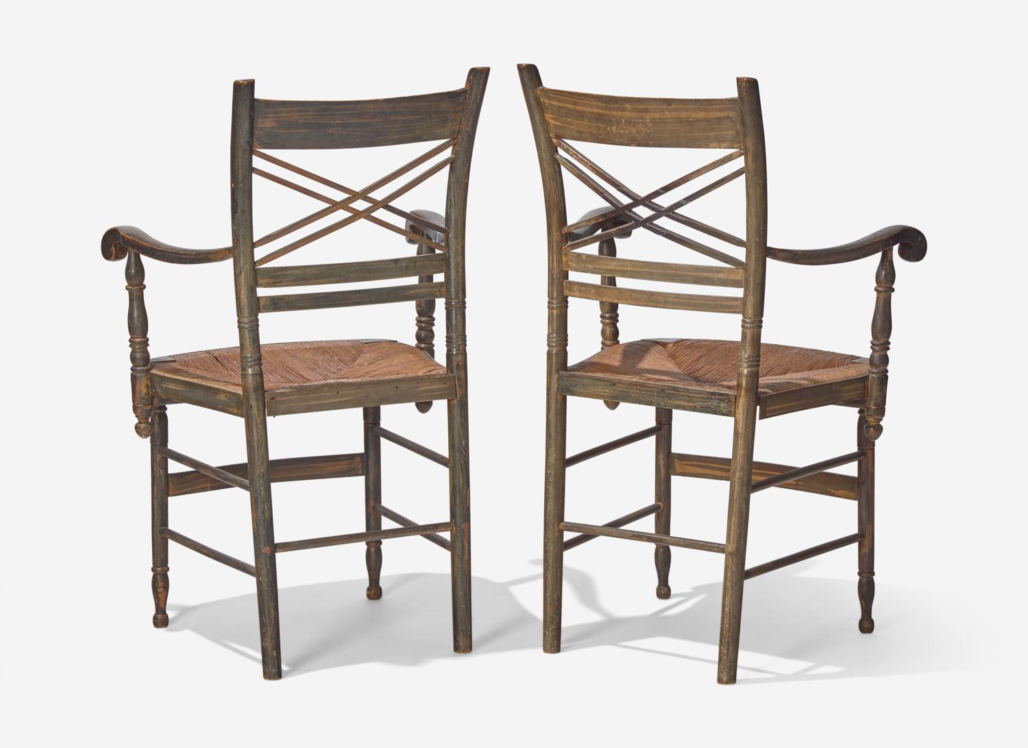 A Pair of Classical Grain Painted Rush Seat Armchairs