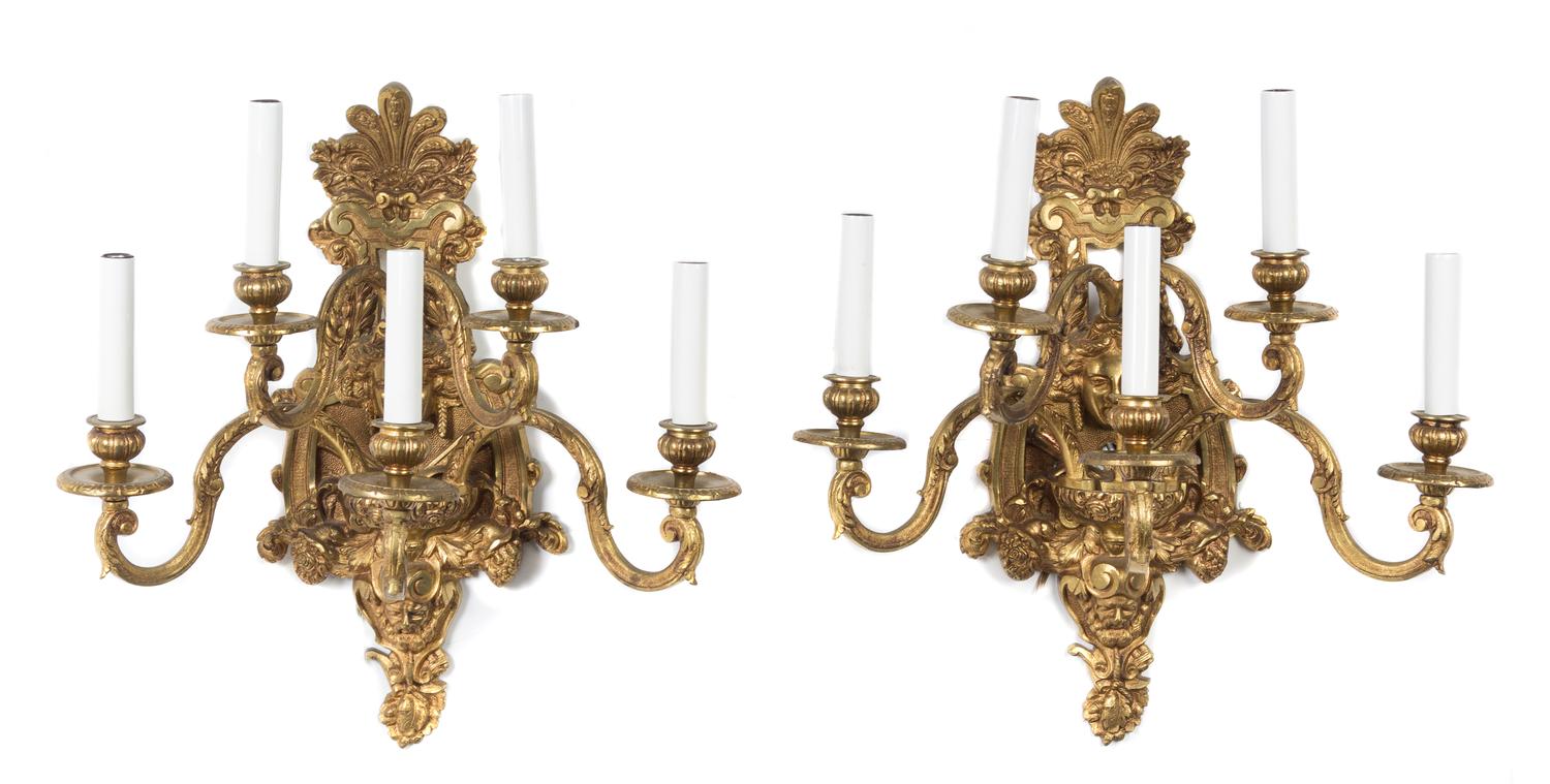 A Pair of Neoclassical Style Gilt Bronze Five-Light Sconces Height 17 1/2 inches. — 20TH CENTURY