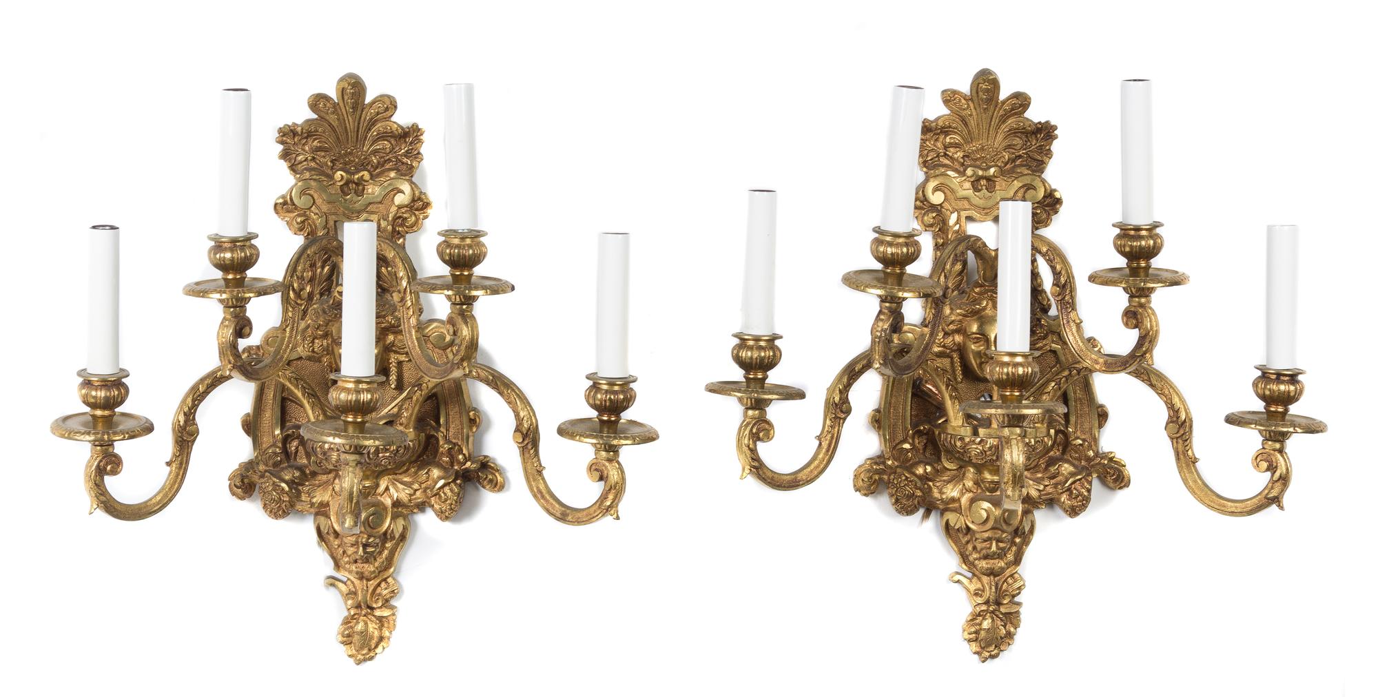 A Pair of Neoclassical Style Gilt Bronze Five-Light Sconces Height 17 1/2 inches. — 20TH CENTURY