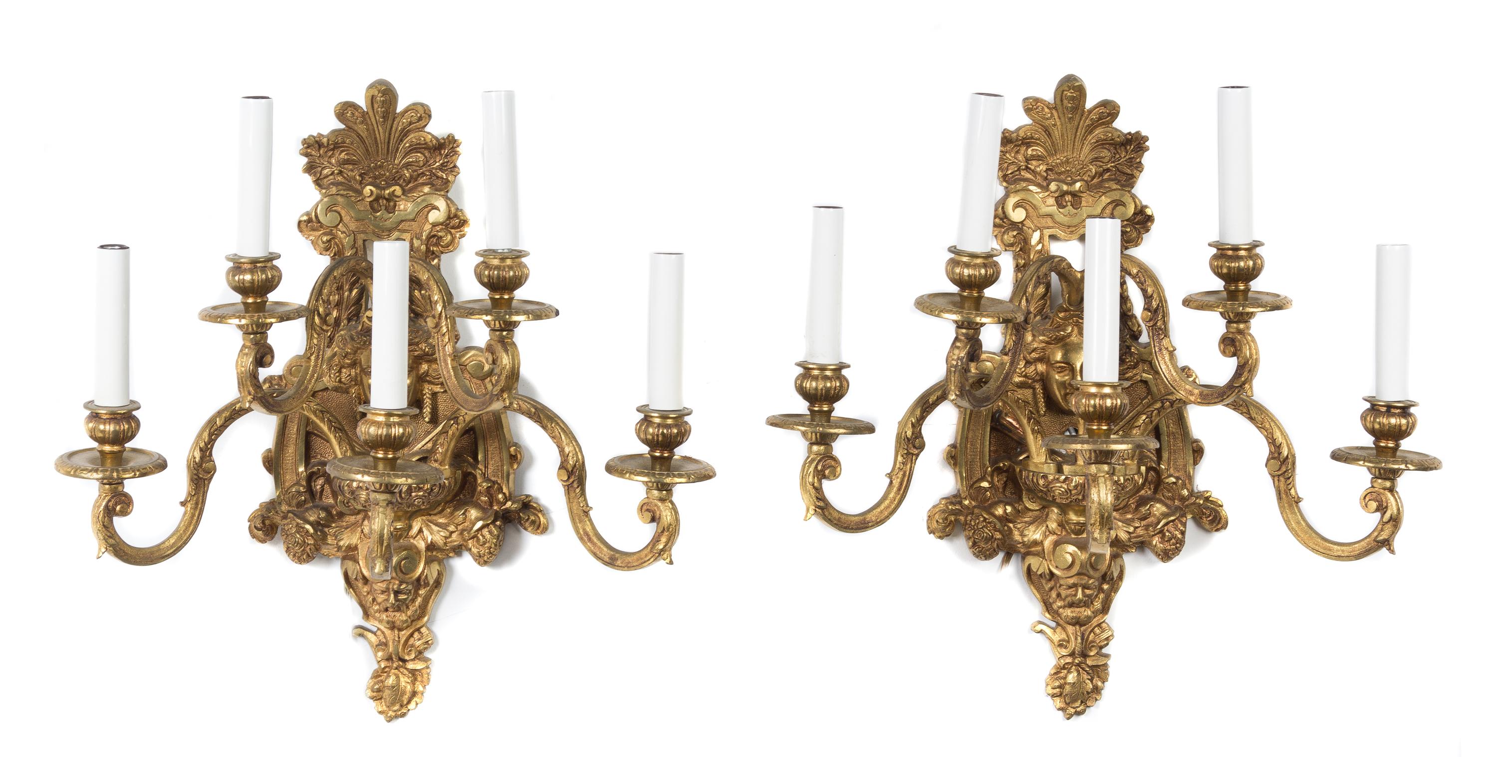 A Pair of Neoclassical Style Gilt Bronze Five-Light Sconces Height 17 1/2 inches. — 20TH CENTURY