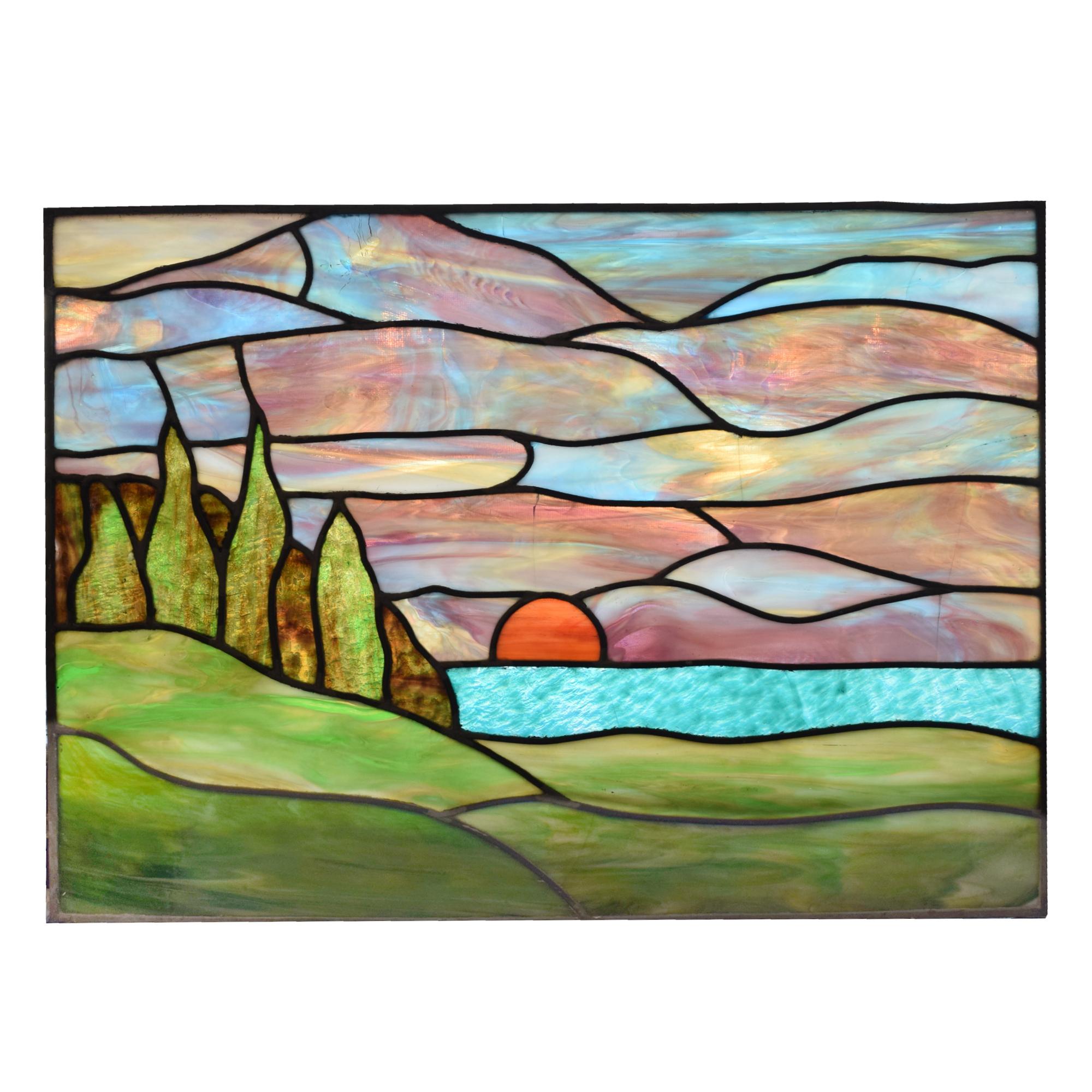 A Scenic Stained Glass Window 28" W x .25" D x 20" H — United States, 20th Century