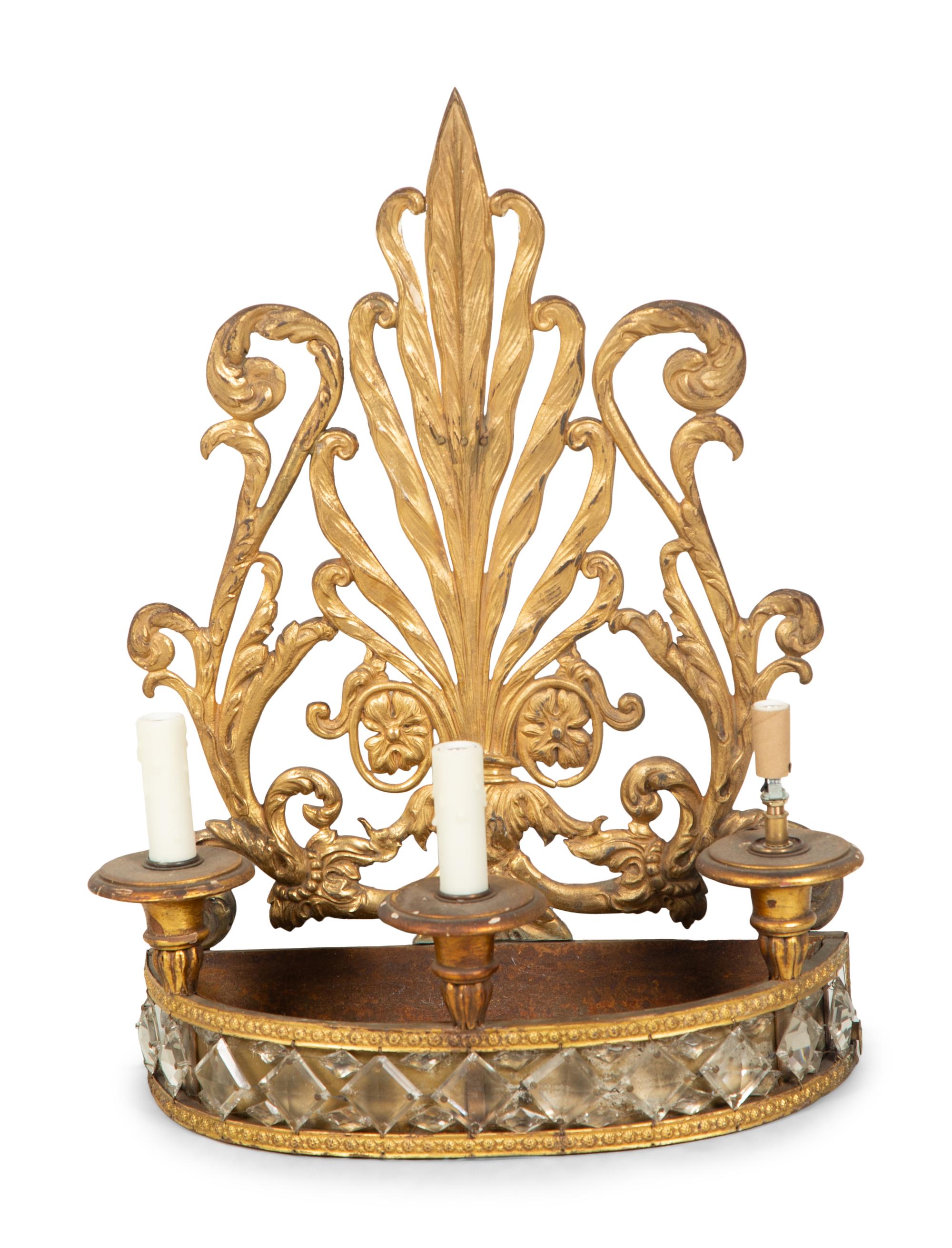 A Pair of Italian Gilt Metal and Glass Three-Light Sconces — Early 20th Century